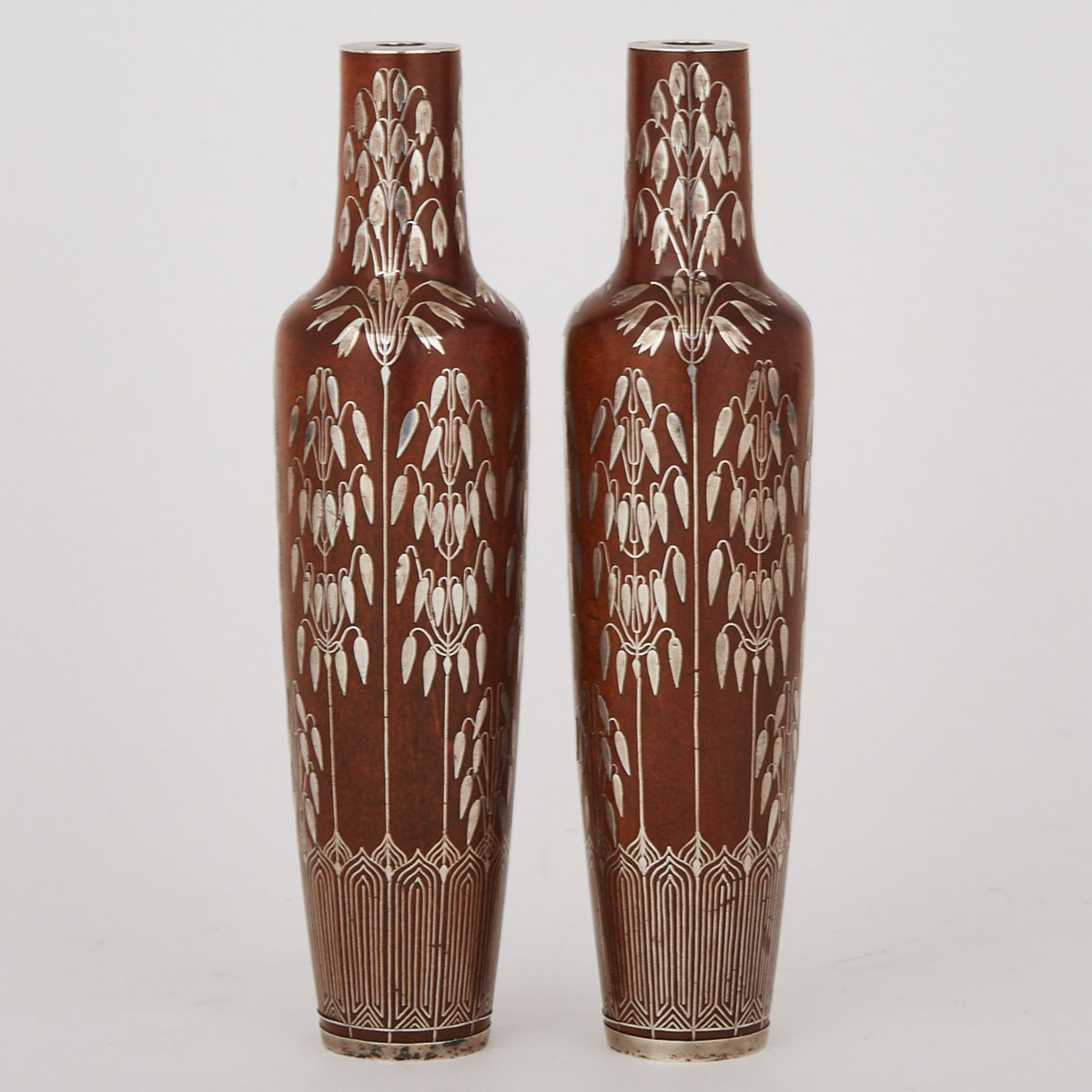 Pair of Austrian Secessionist Silver Inlaid Turned Laburnum Bud Vases, early 20th century 