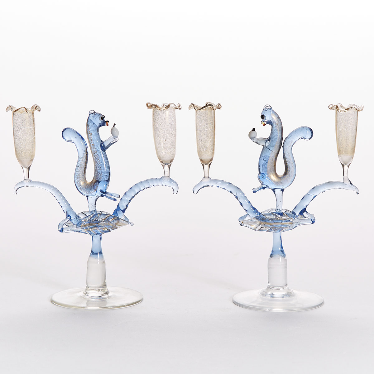 Pair of Murano Pale Blue Glass ‘Squirrel’ Two-Light Candelabra, possibly Guido Balsamo Stella, mid-20th century