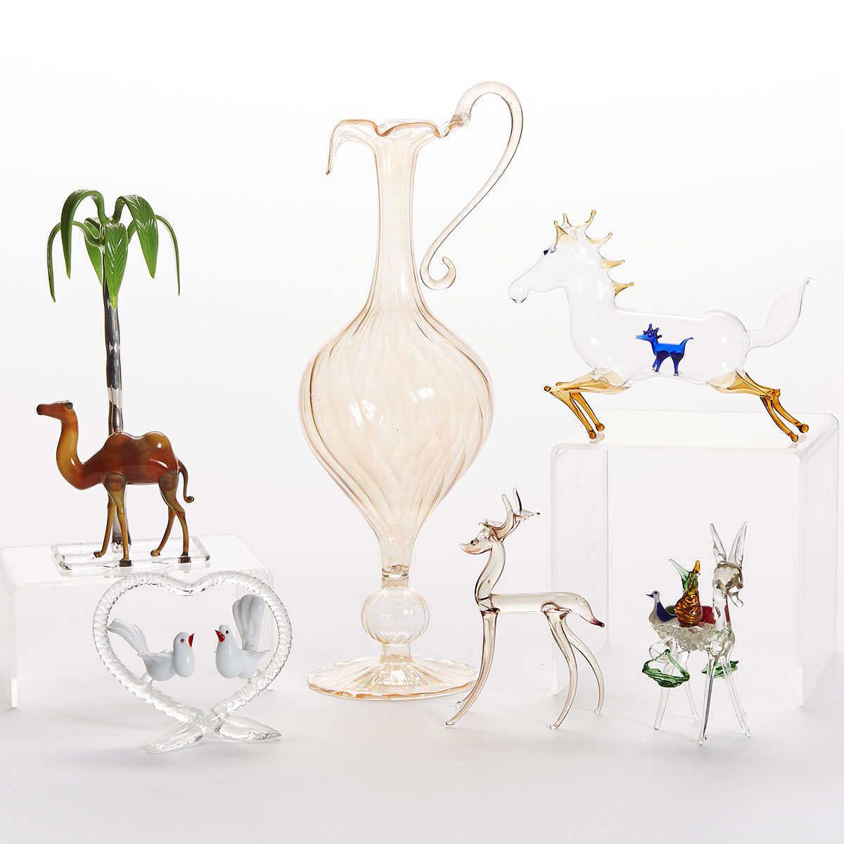 Bimini Werkstätte Coloured Glass Camel, Horse, Donkey, Deer, Love Birds and an Ewer, 1930s