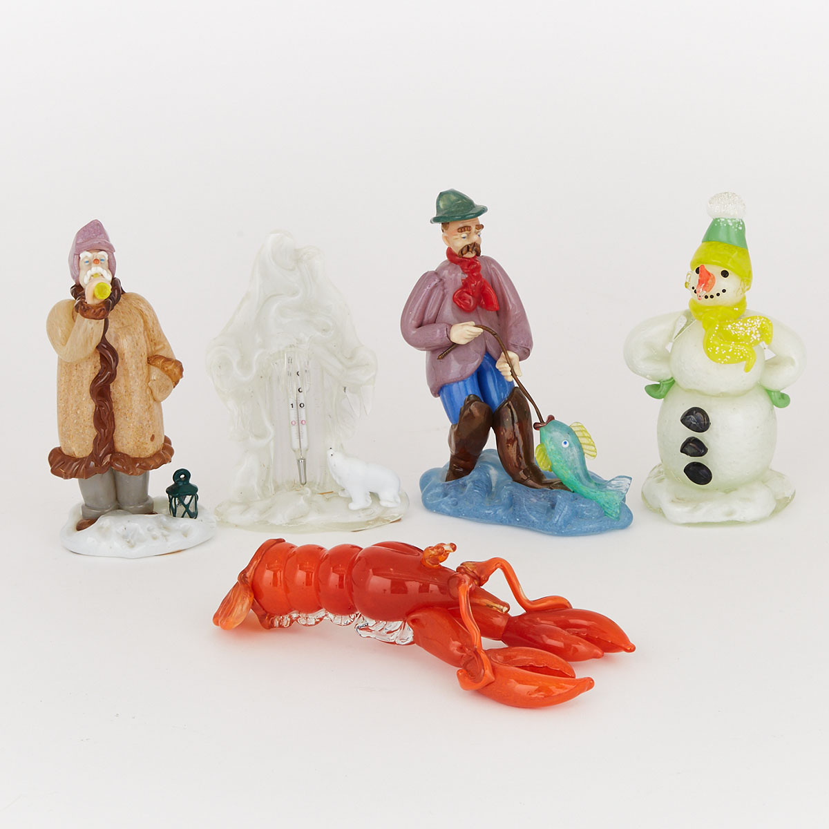 Four Czechoslovakian Coloured Glass Character Figures and a Thermometer, 20th century