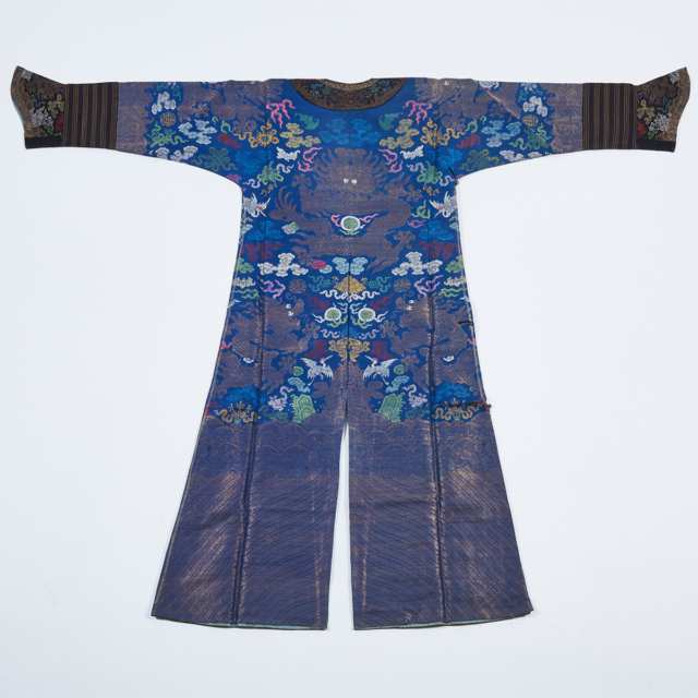 A Blue Ground Silk Embroidered Dragon Robe, 19th Century