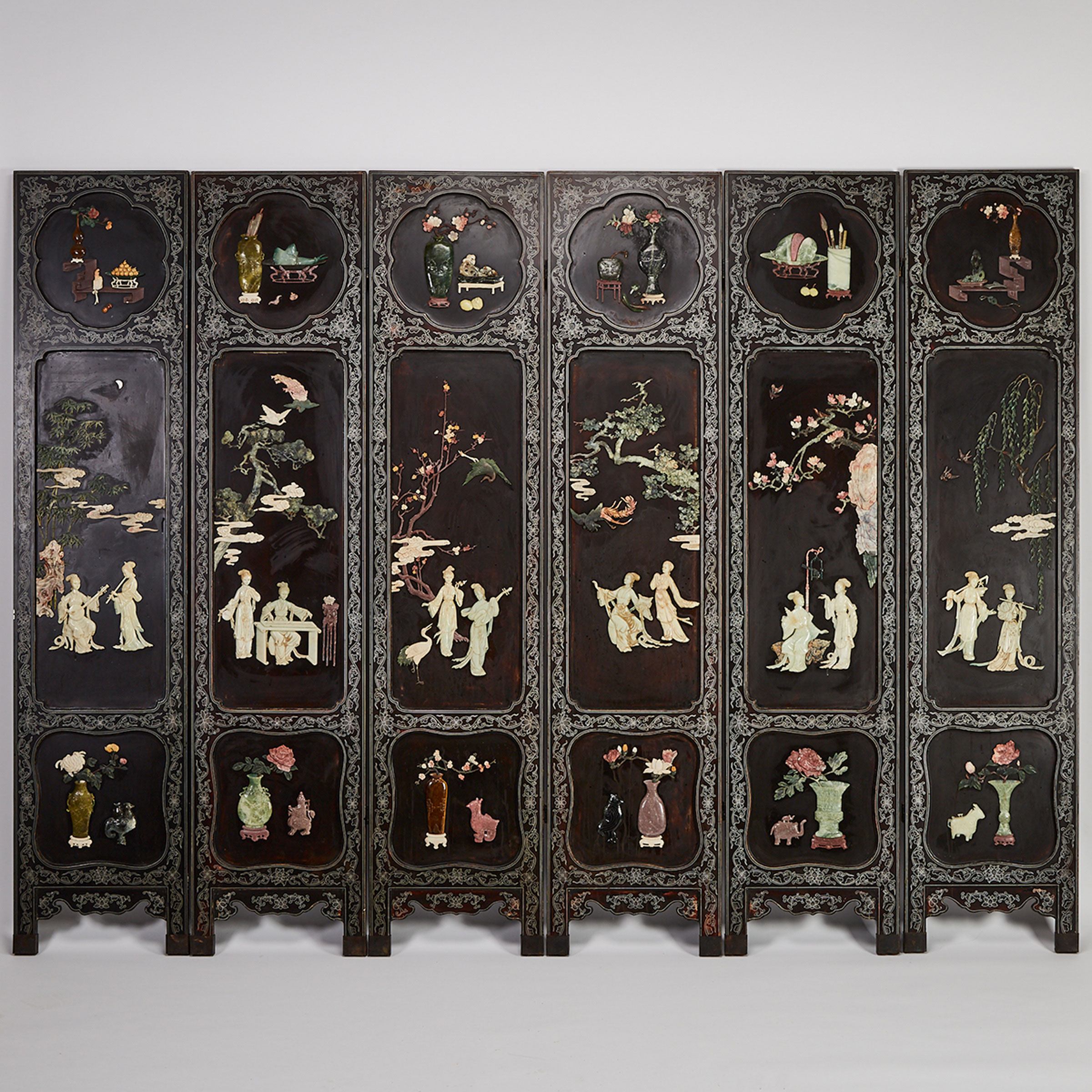 A Six-Panel Jade and Hardstone Inlaid Lacquer Floor Screen, Early 20th Century