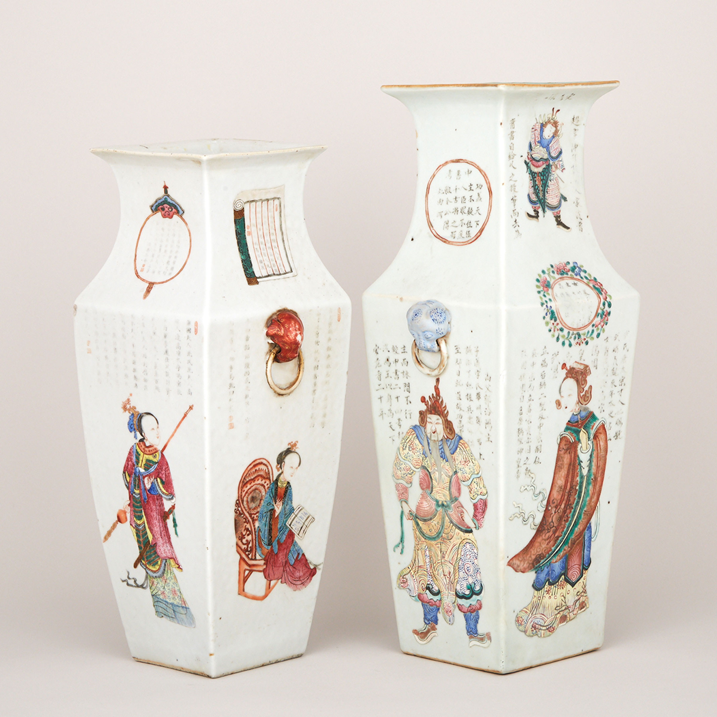 Two Famille Rose Square-Section ‘Wu Shuang Pu’ Vases, Possibly Daoguang Period, 19th Century