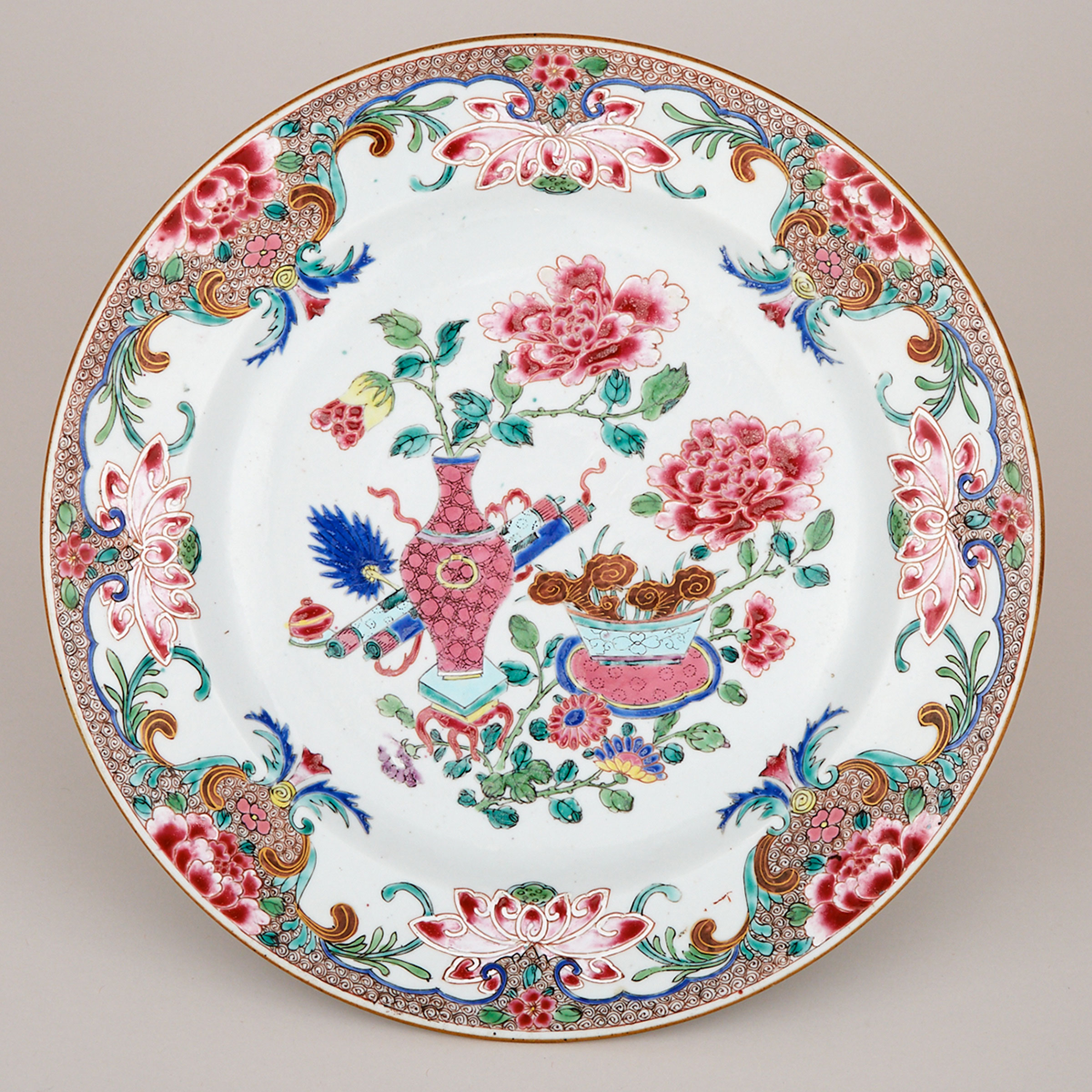 A Famille Rose ‘Hundred Antiques’ Pink Enamel Dish, Yongzheng Period