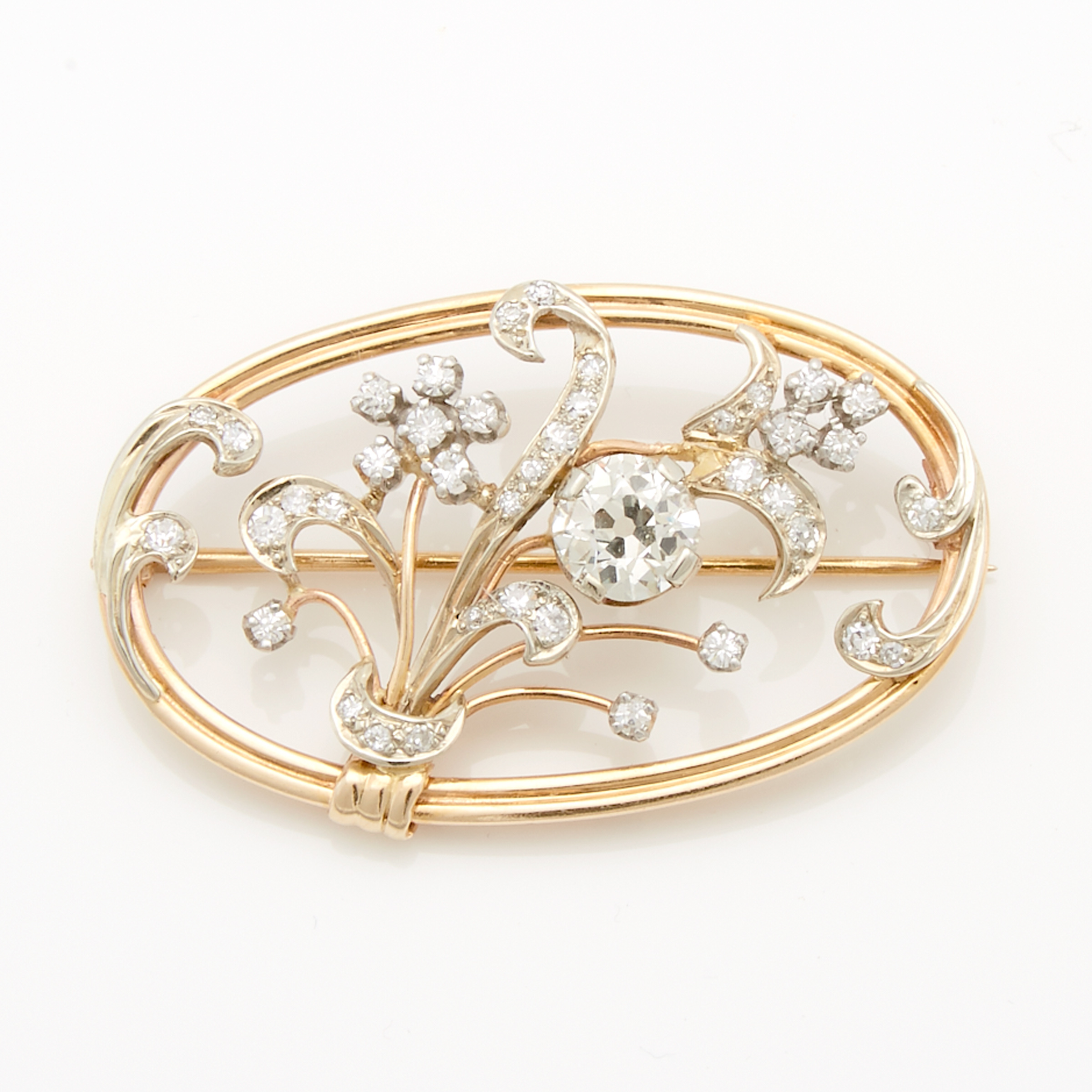 14k Yellow And White Gold Oval Brooch