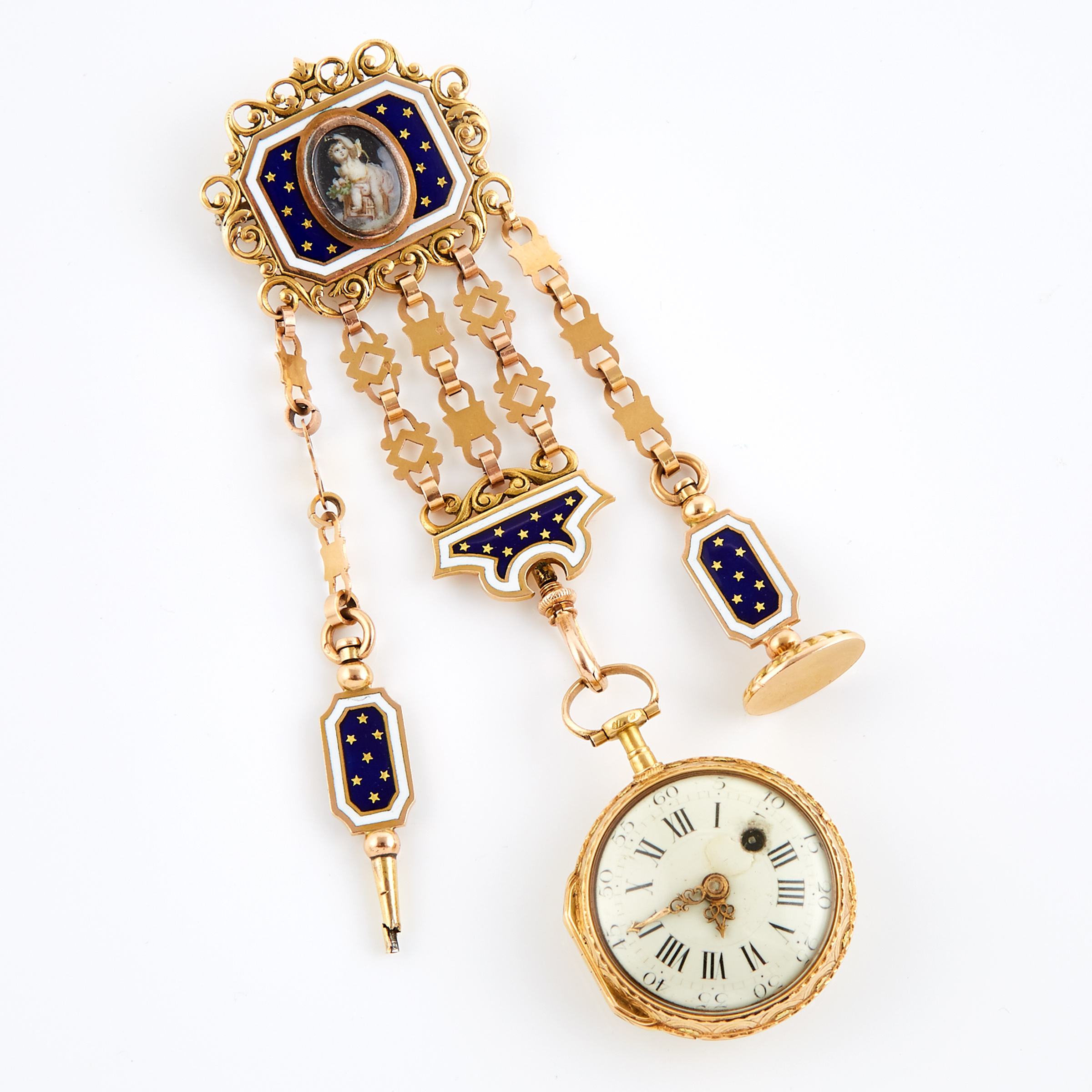 Romilly Of Paris Key Wind, Openface Fob Watch And Chatelaine