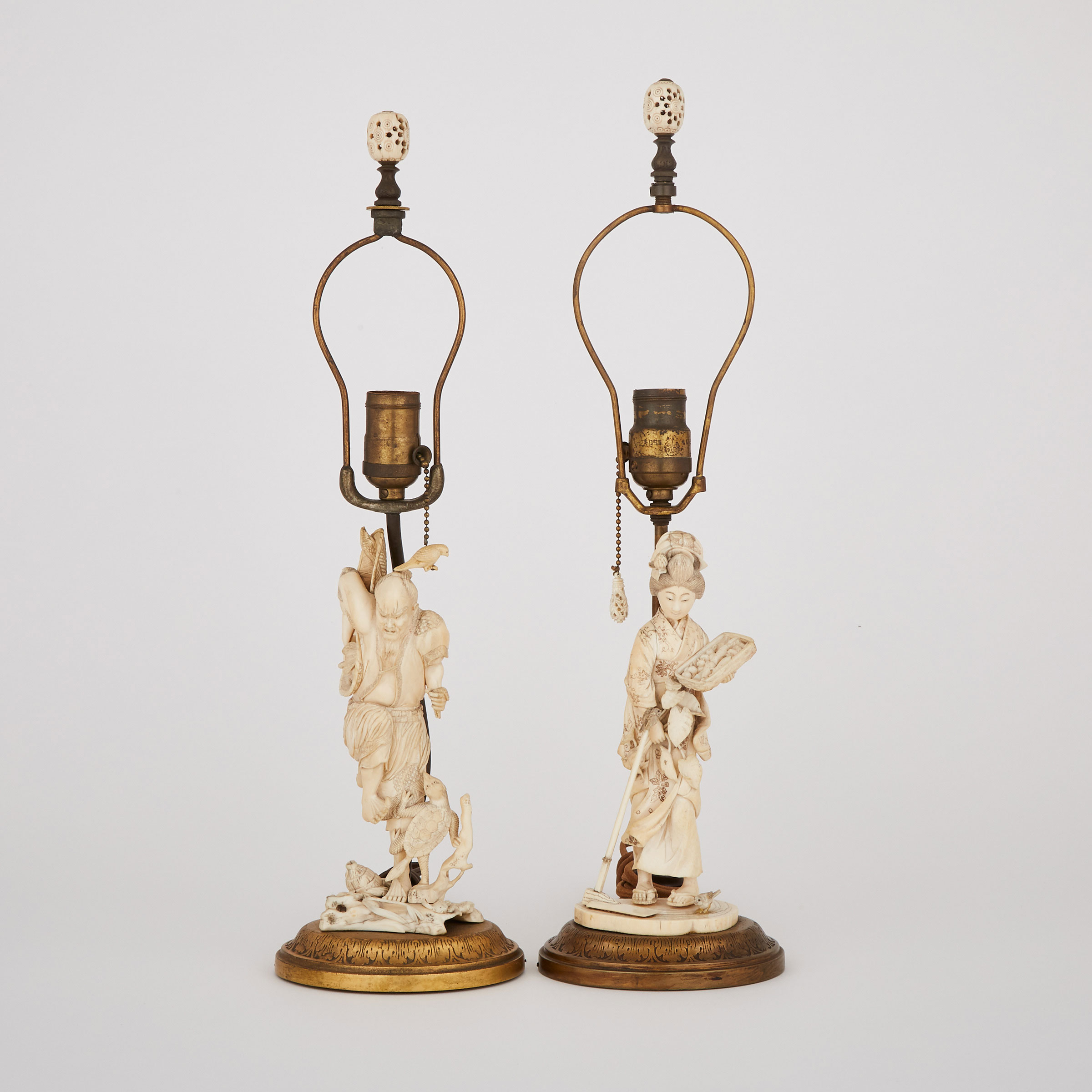 Two Ivory Okimono Mounted As Lamps, Early 20th Century