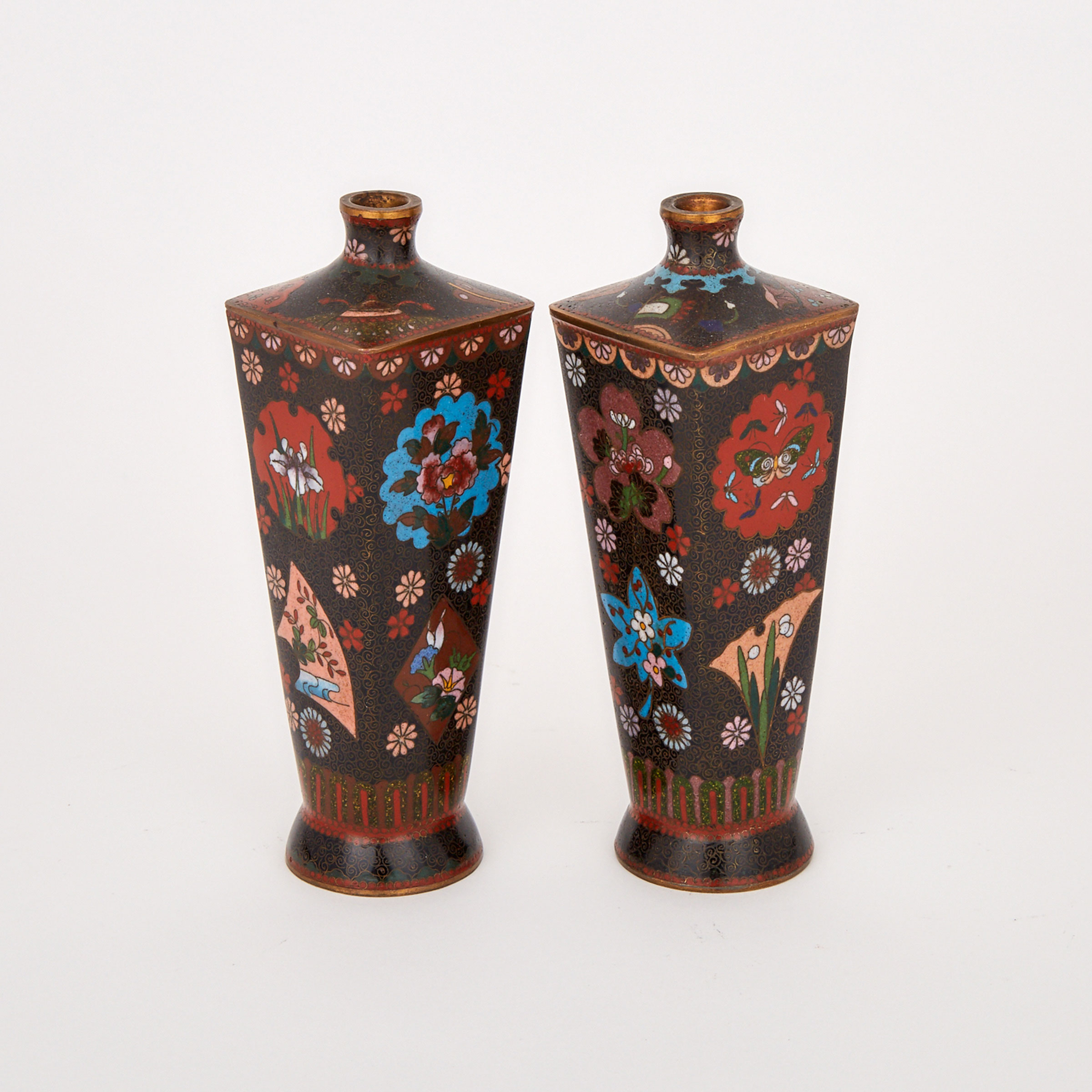 A Pair of Miniature Square Tapering Cloisonné Vases