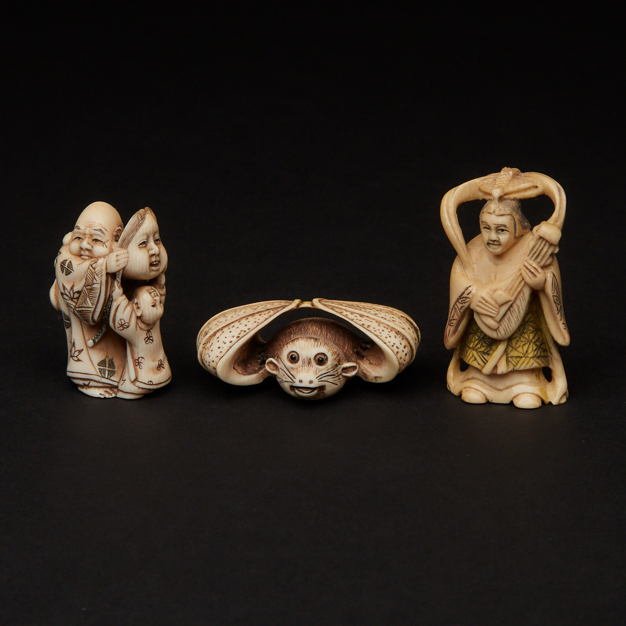 A Group of Three Ivory Carved Netsuke 