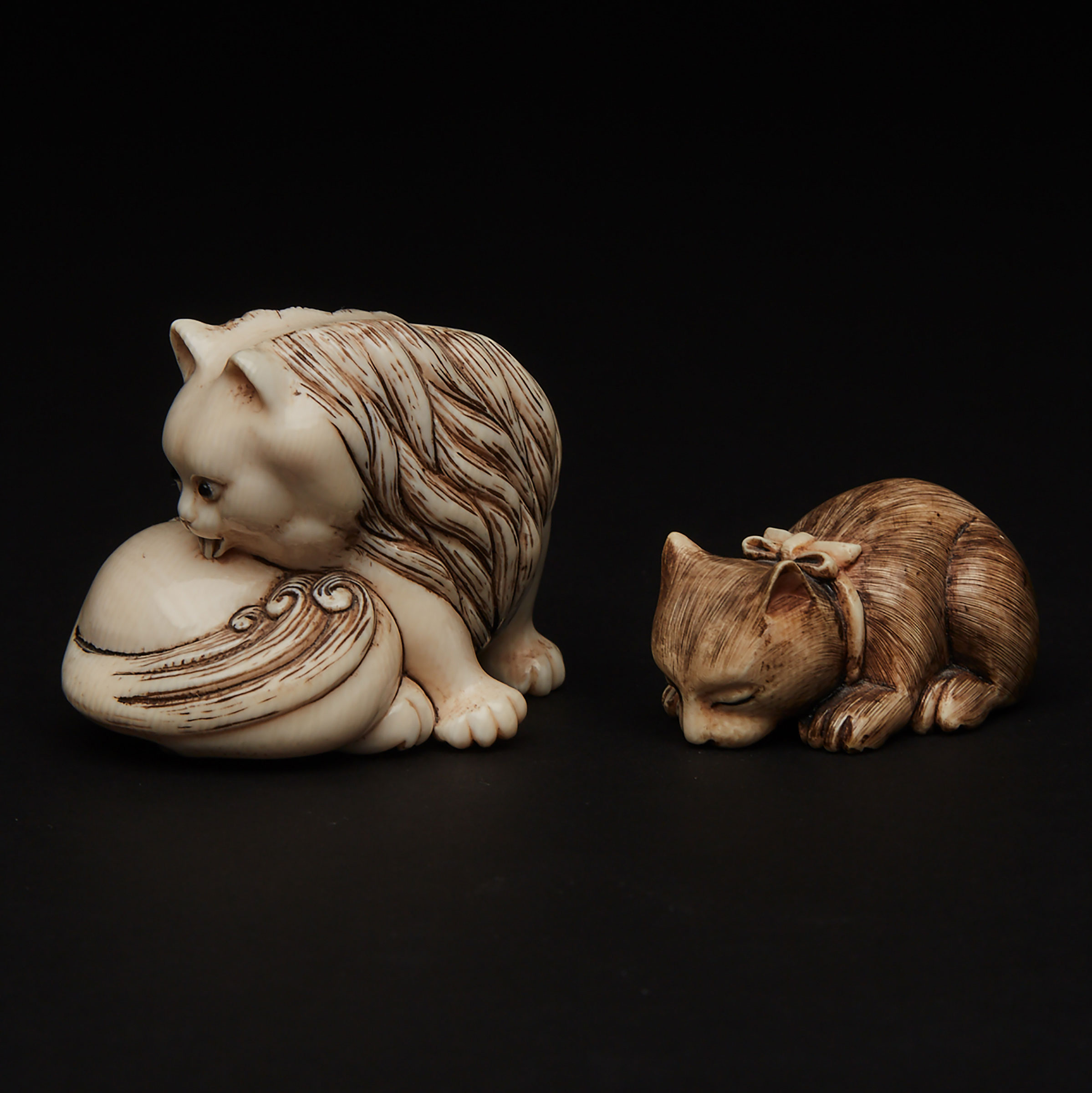 Two Ivory Carved Okimono of Cats