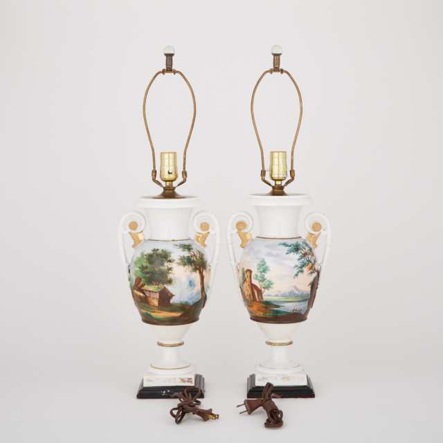 Pair of Paris Porcelain Urn Table Lamps, 19th century