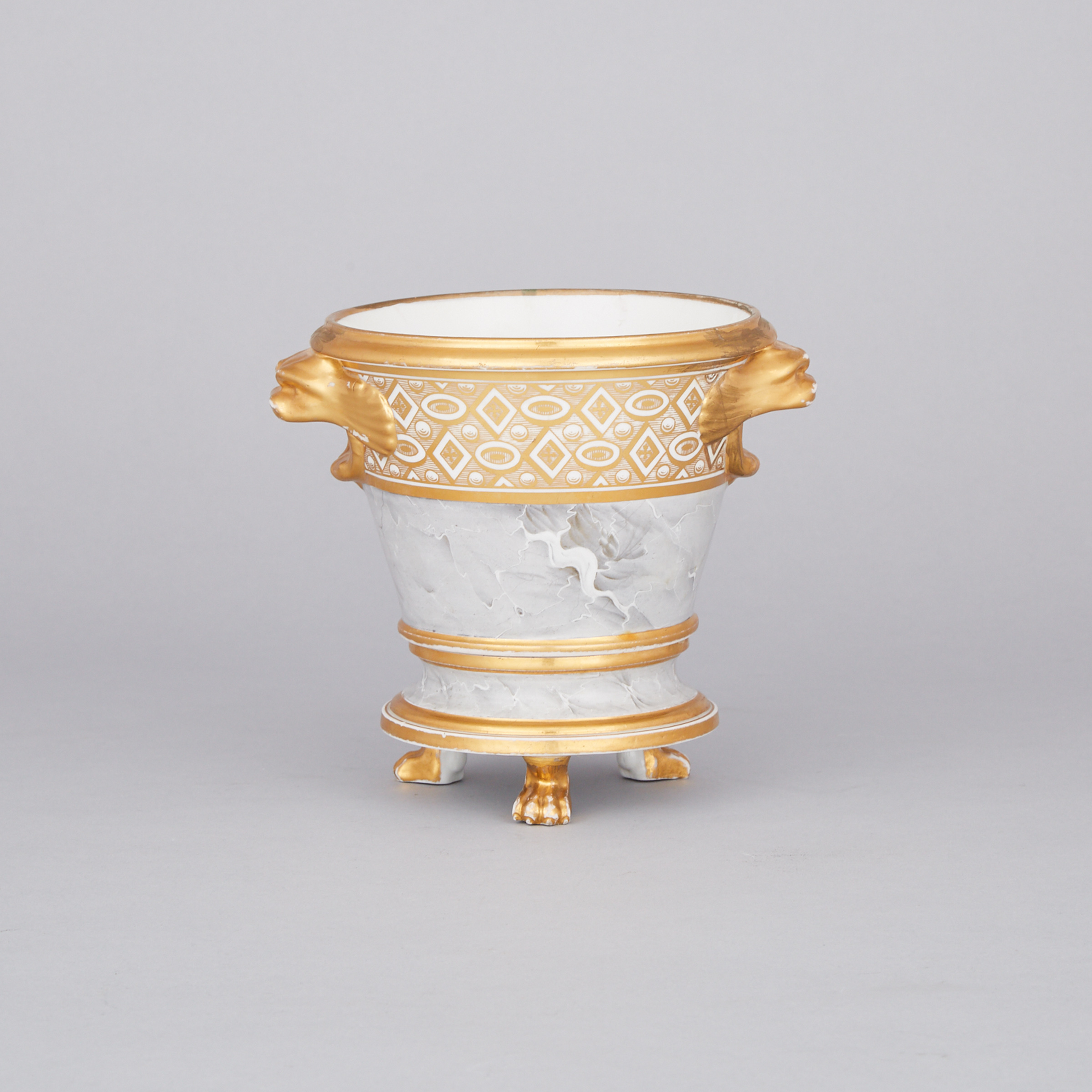 English Porcelain Grey Marbled Ground Cachepot and Stand, probably Chamberlains Worcester, early 19th century