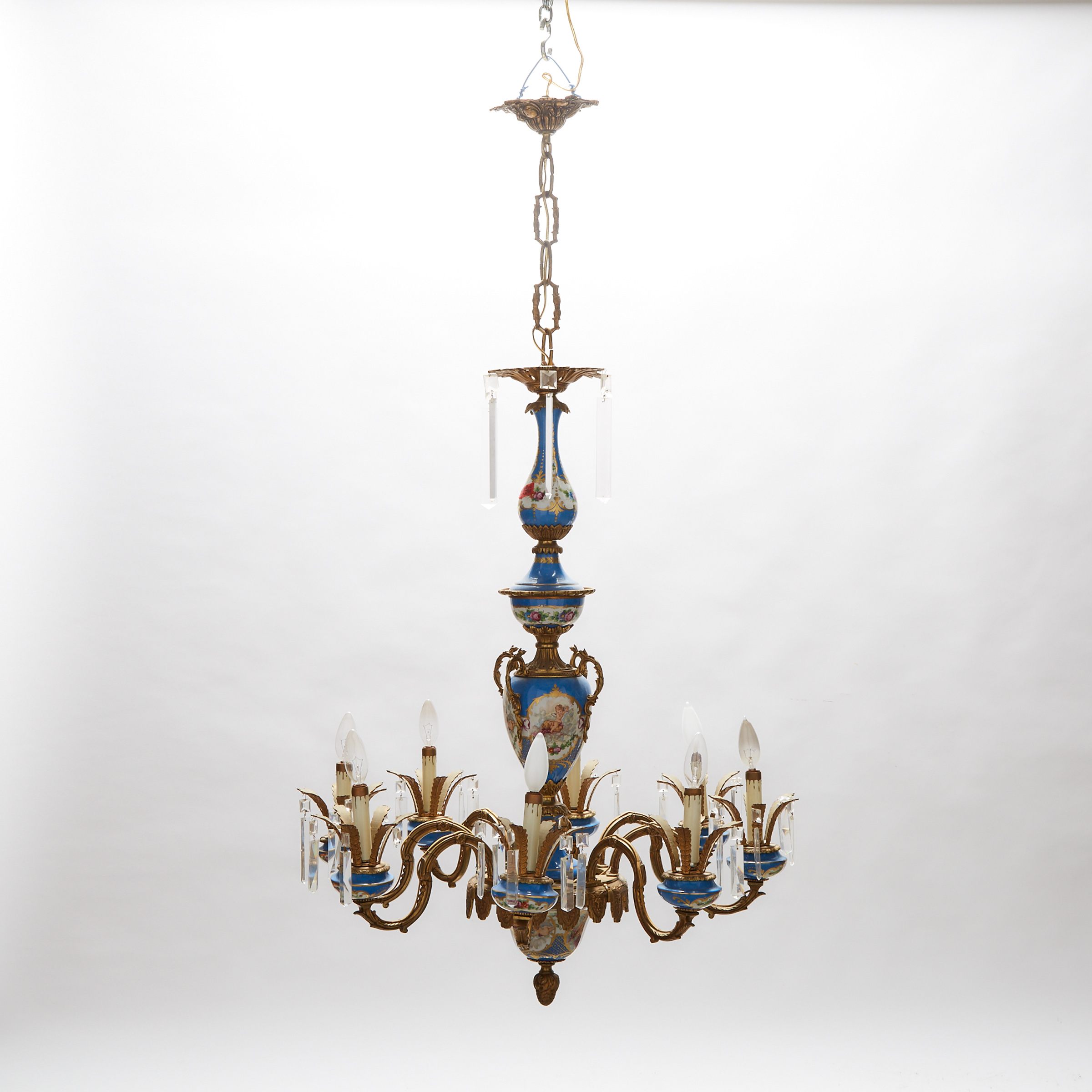 French Sevres Style Porcelain Mounted Ormolu Eight-Light Chandelier, early 20th century