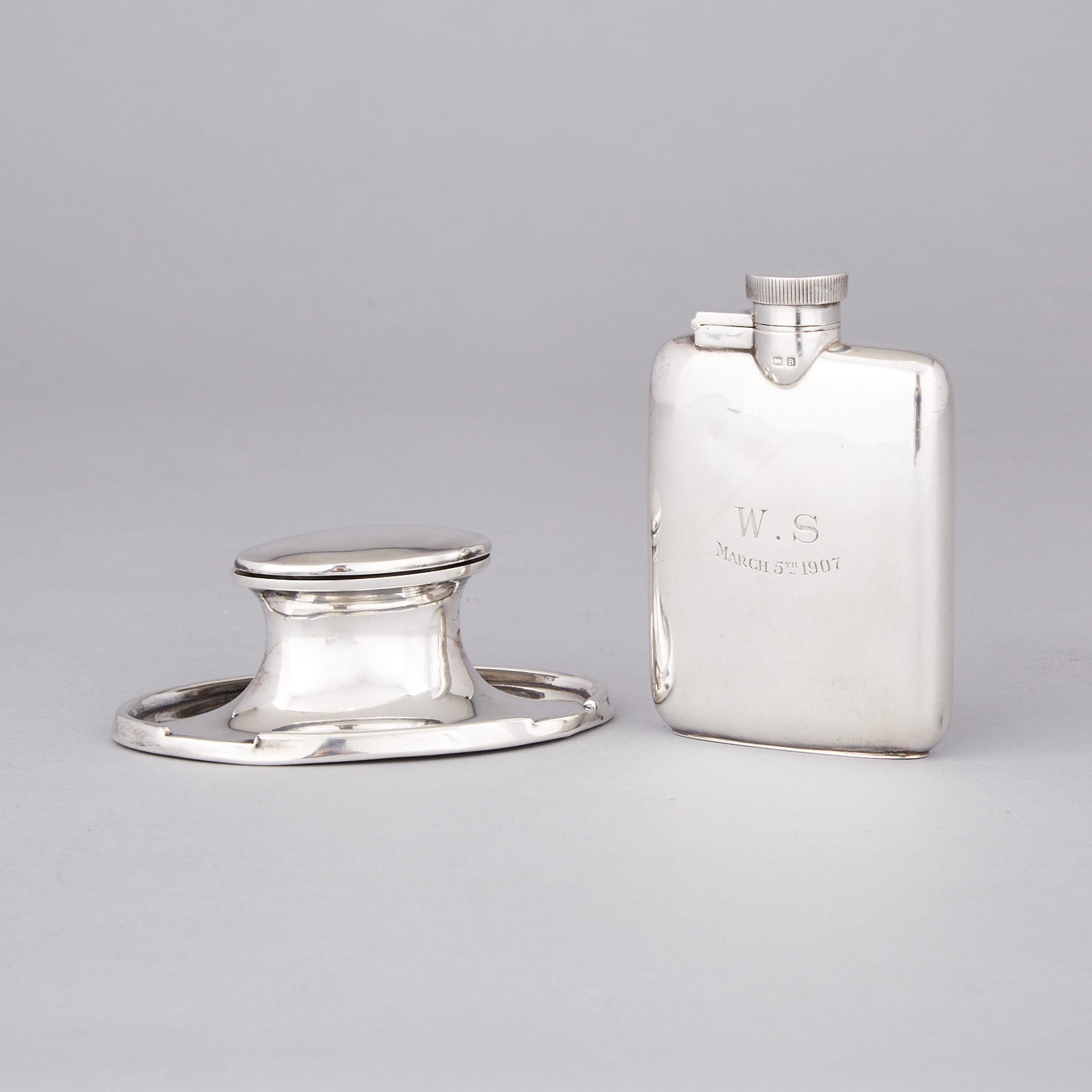 English Silver Inkwell and Spirit Flask, A. & J. Zimmerman and Mappin & Webb, Birmingham, 1912/26