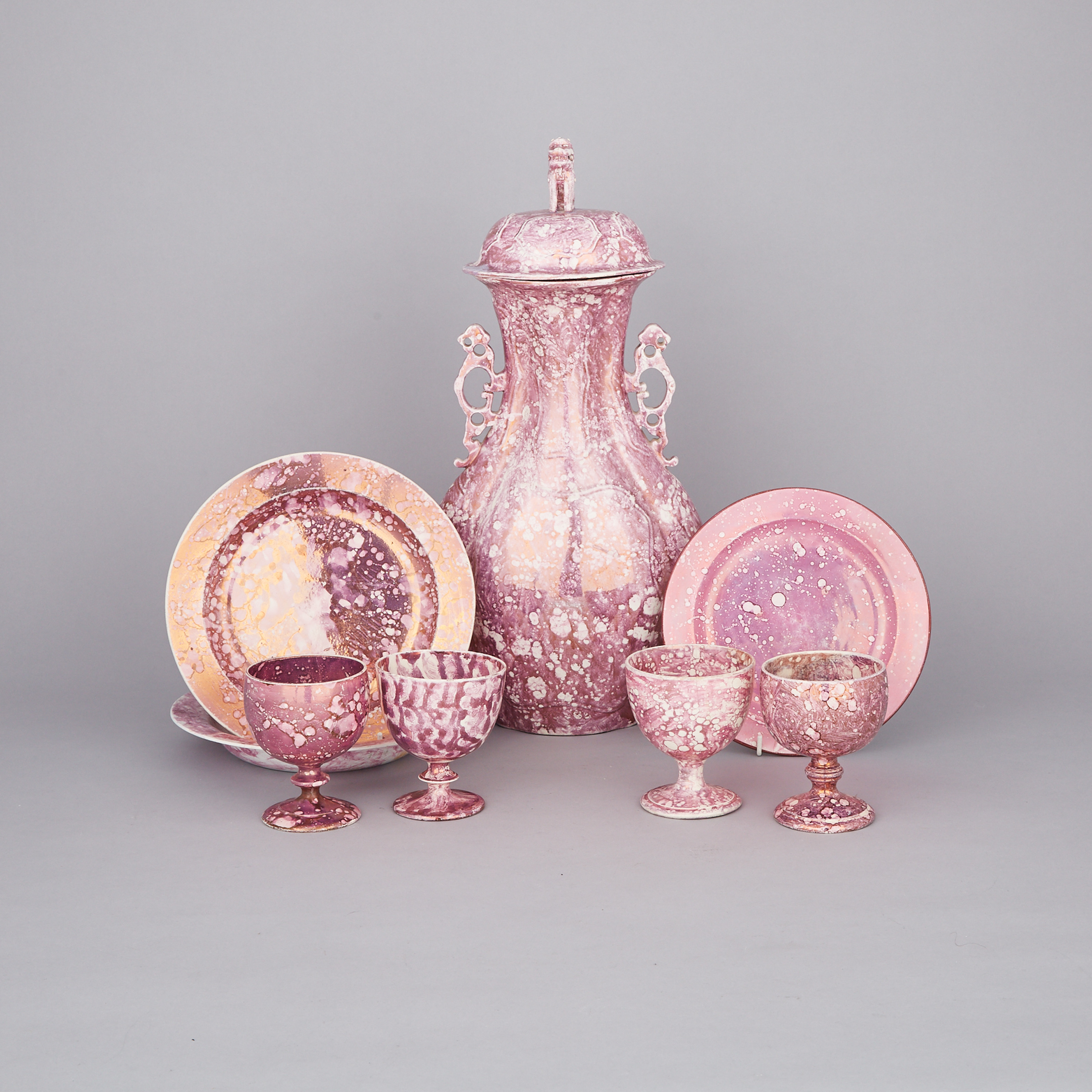 English Pink ‘Moonlight’ Lustre Large Vase and Cover, Three Plates and Four Goblets, 19th century