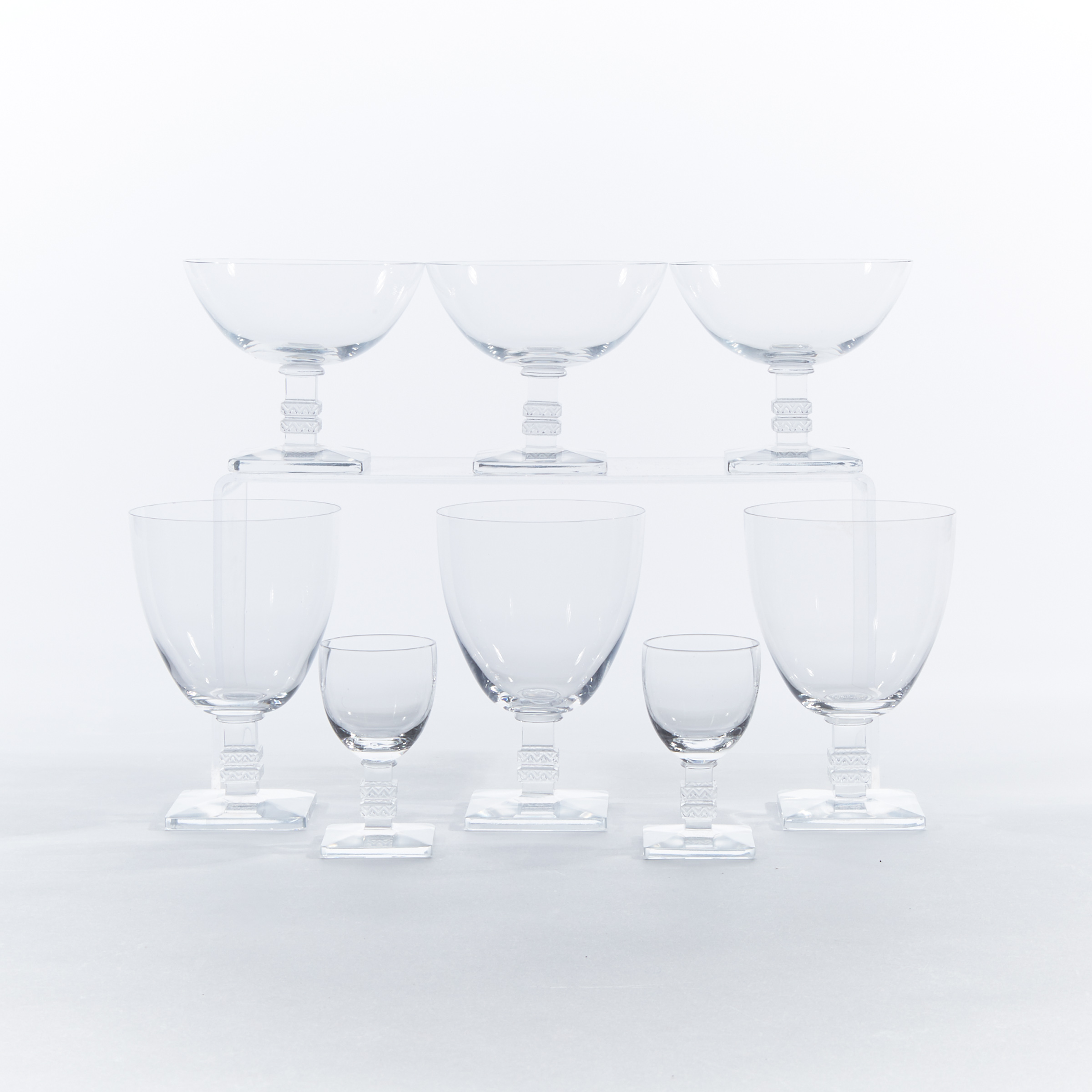 ‘Argos’, Three Lalique Glass Wine Glasses, Three Champagnes and Two Liqueurs, post-1945