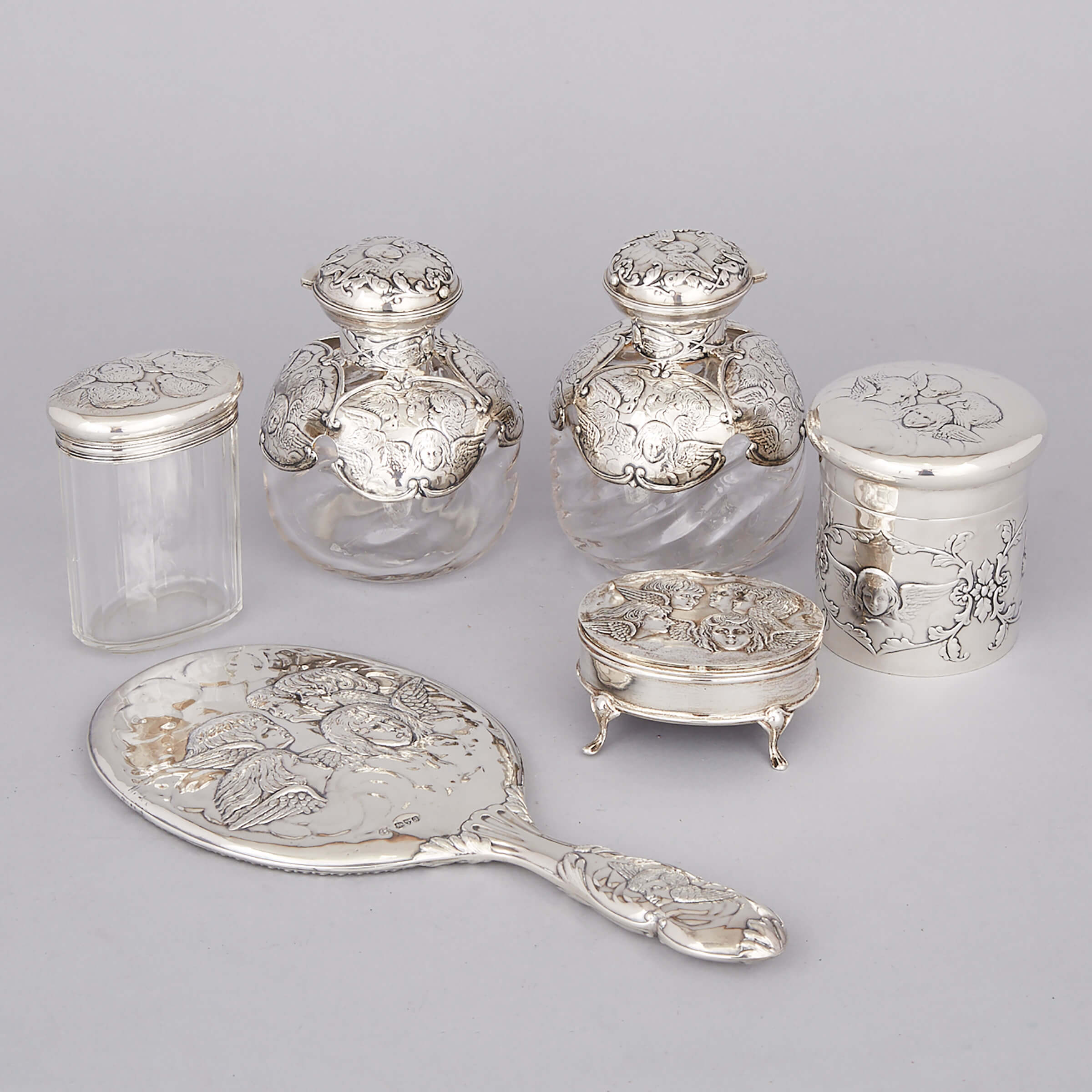 Assembled Edwardian Silver Dressing Table Set, c.1902-11