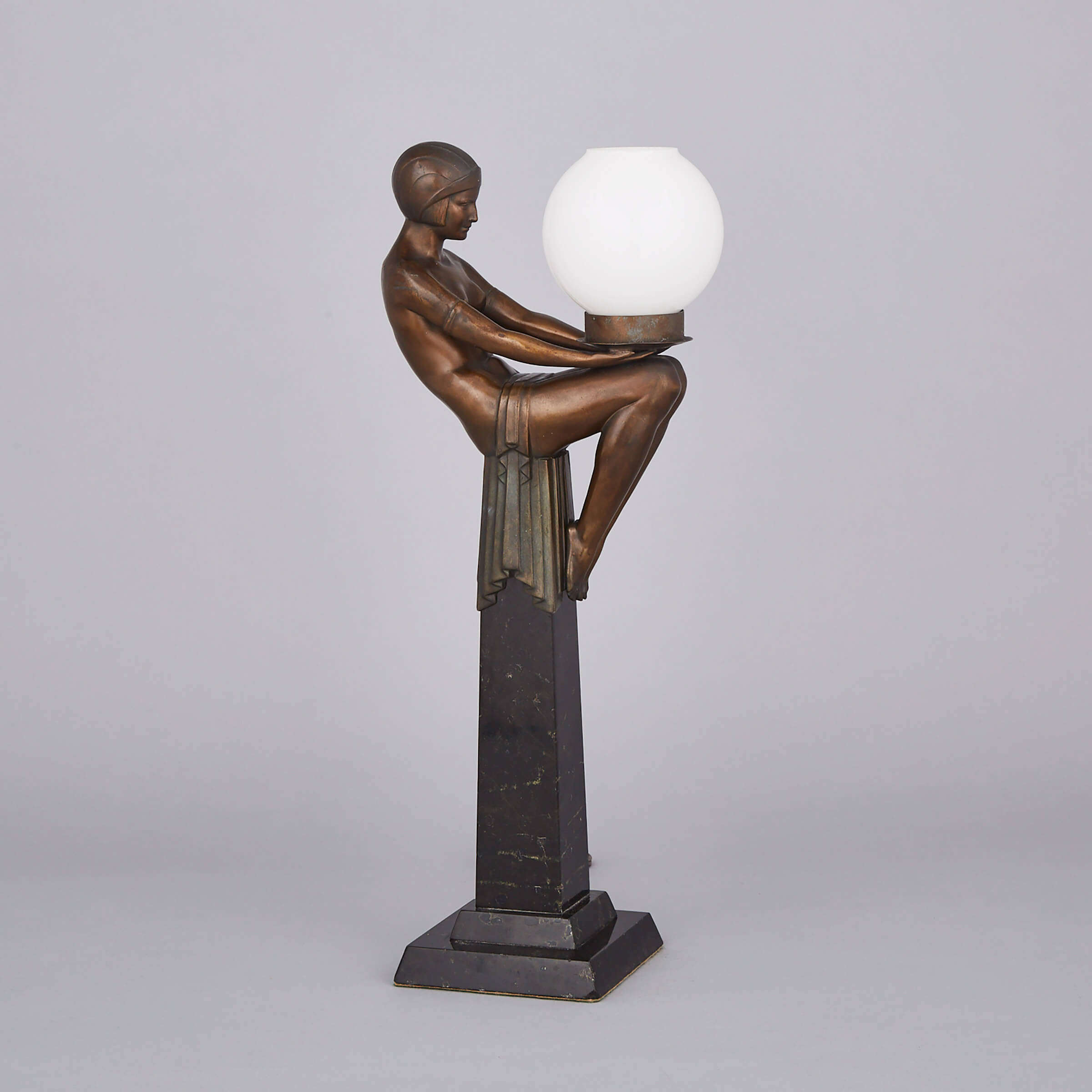 French Art Deco Patinated Metal and Granite Table Lamp, c.1930