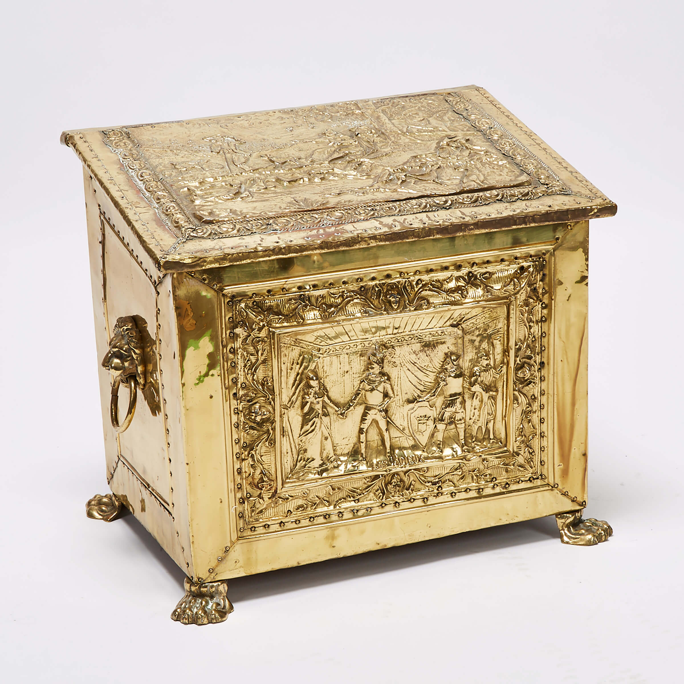 Victorian Renaissance Revival Brass Repoussé Fire Wood Box, 19th century