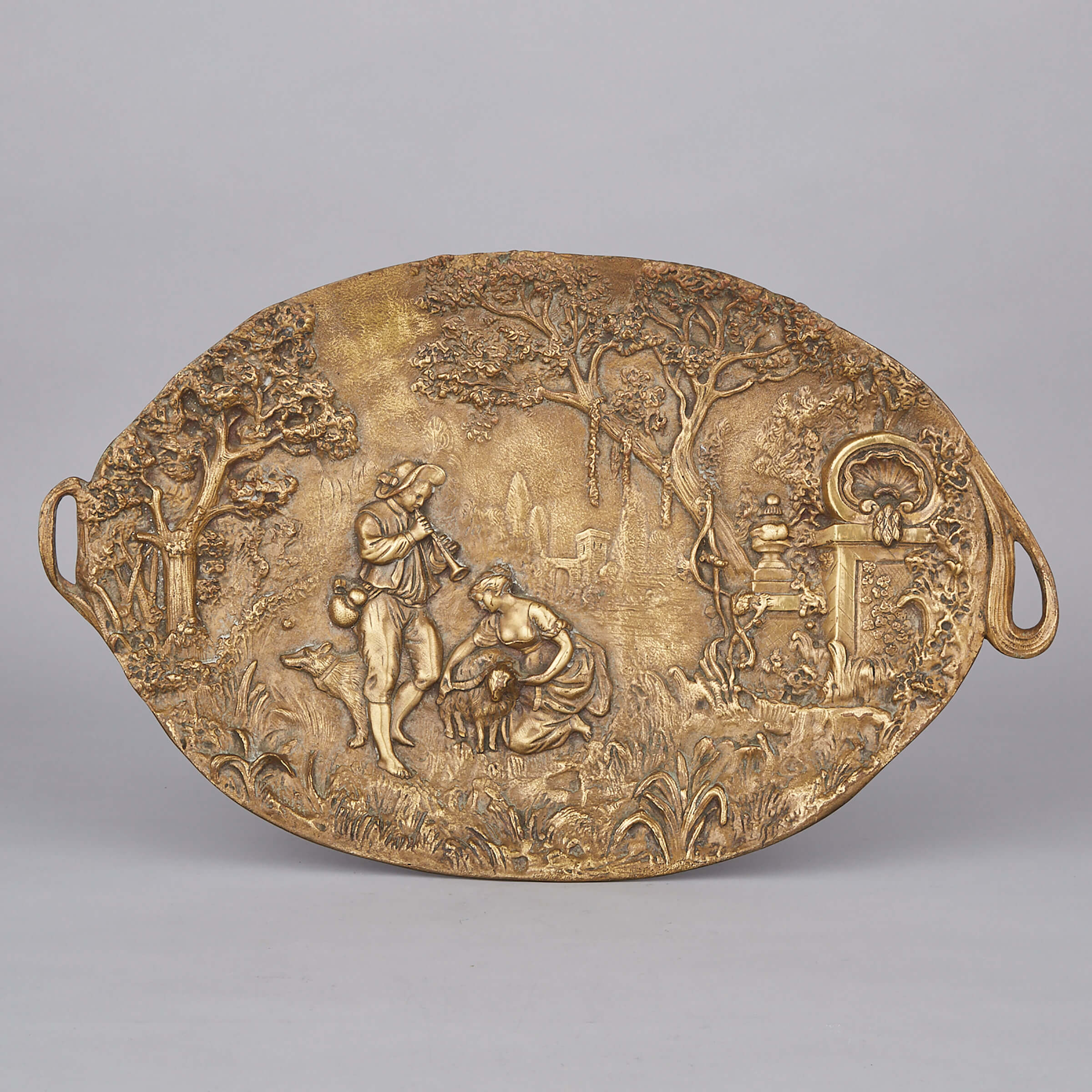 French Gilt Bronze Relief Oval Tray, mid 20th century