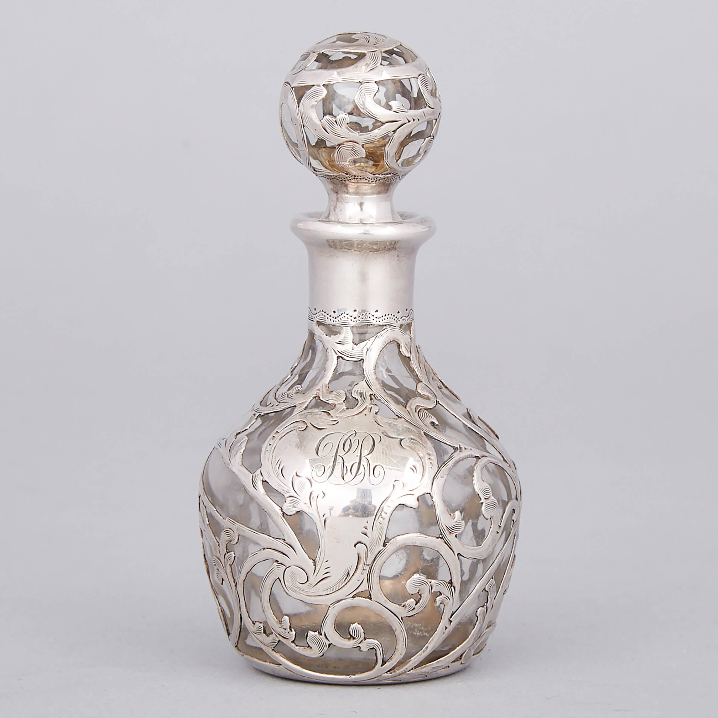 American Silver Overlaid Glass Perfume Bottle, late 19th century