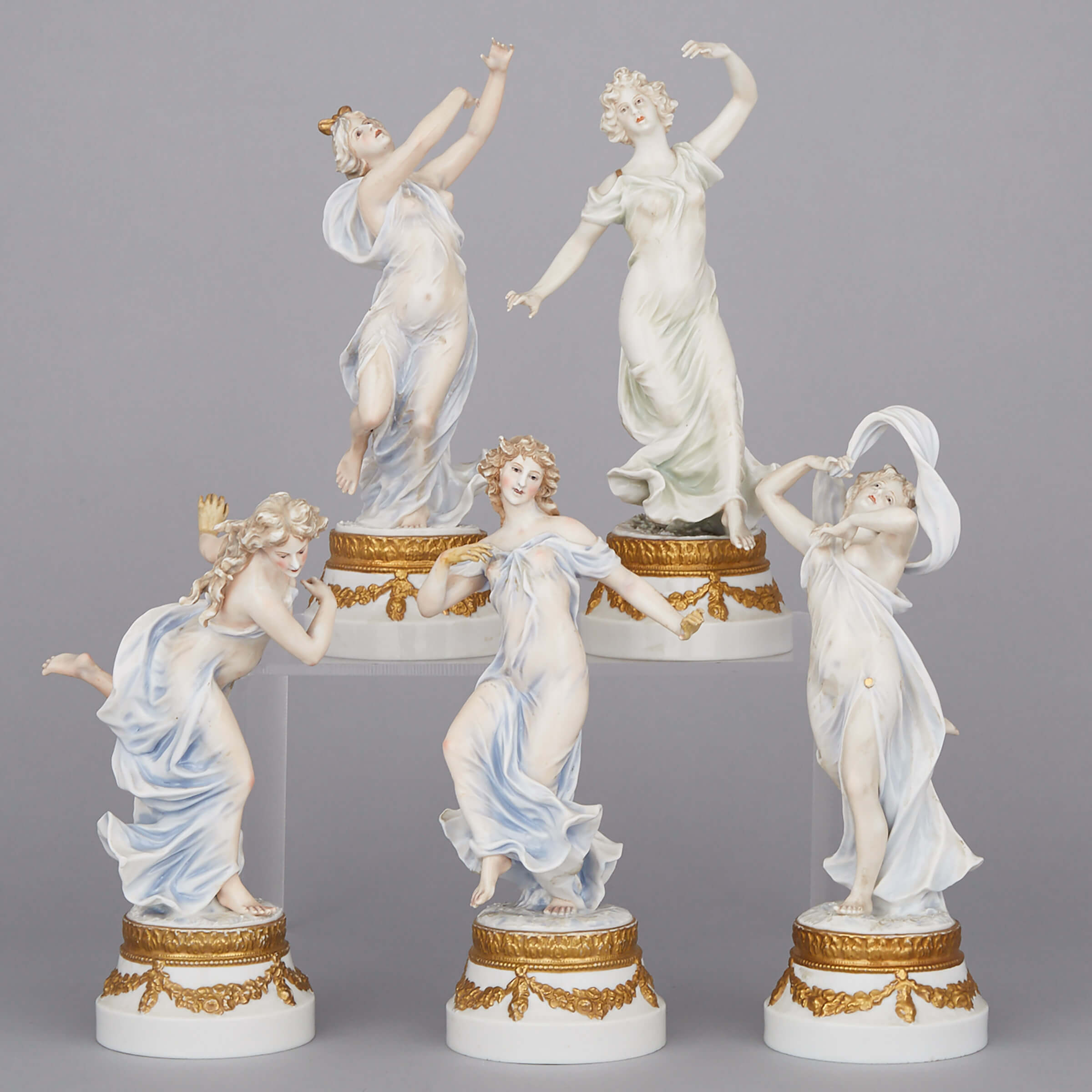 Five Continental Porcelain Dancing Figures, 20th century