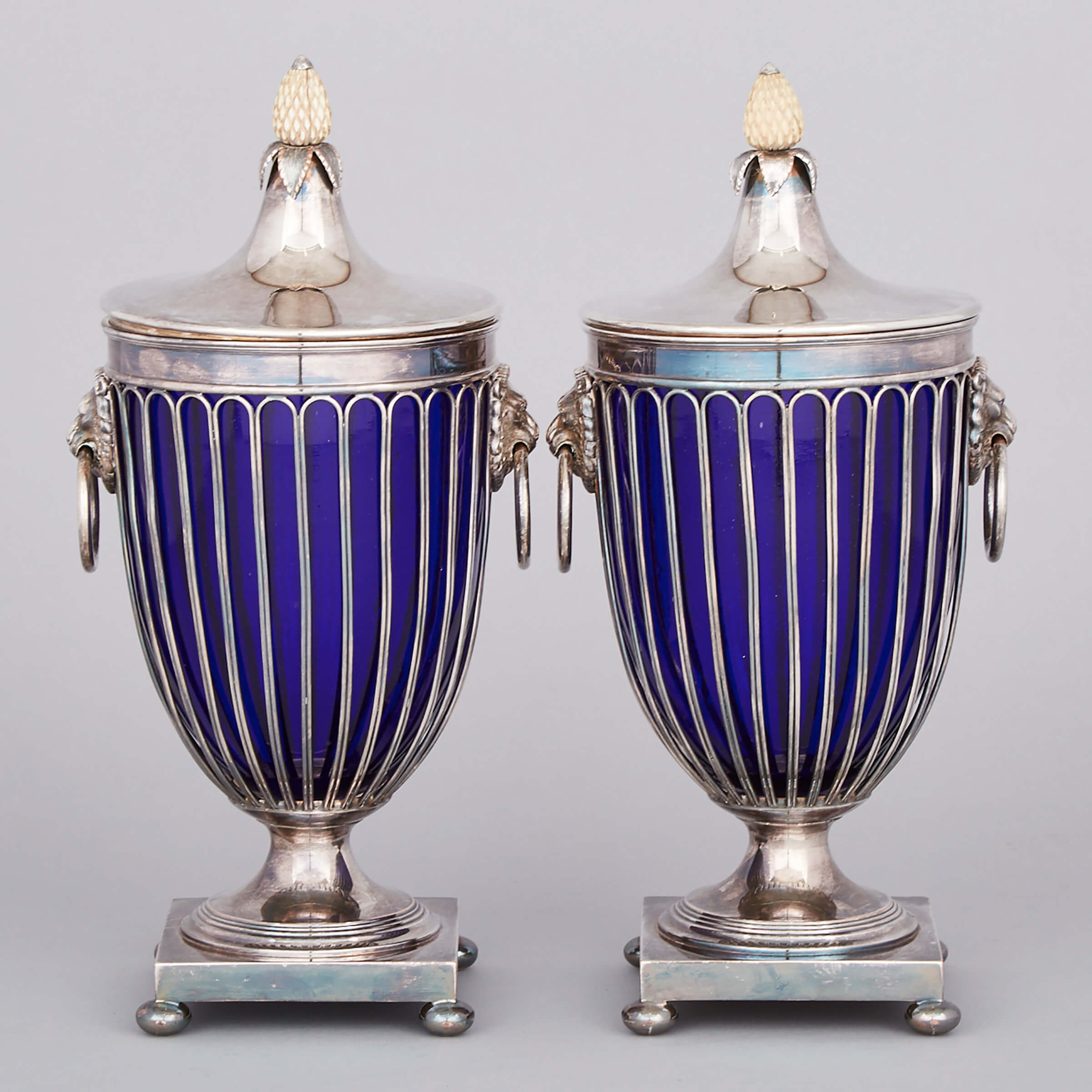 Pair of English Silver Plated Covered Urns, Barker Ellis Silver Co., 20th century