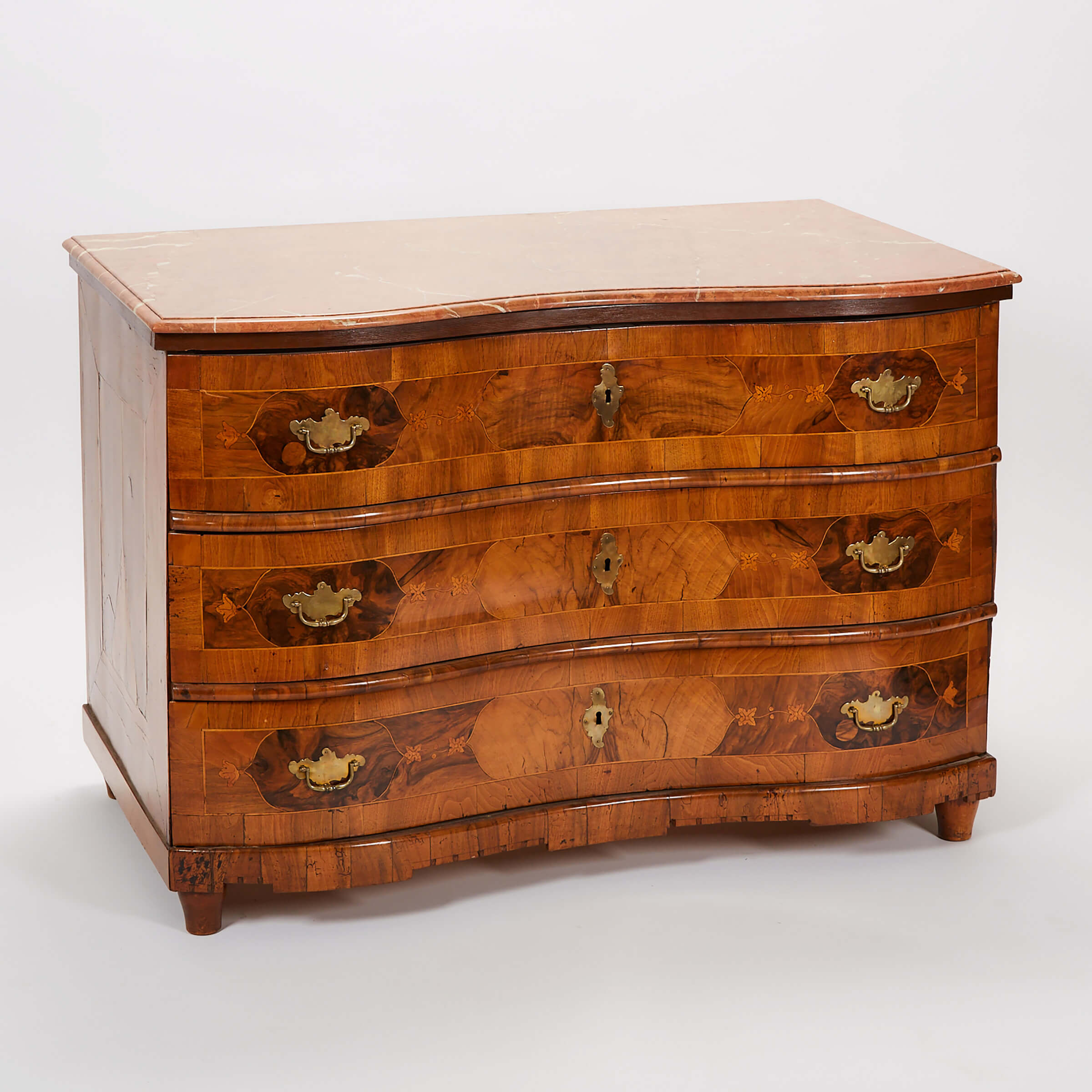 South German Walnut Crossbanded Marquetry Serpentine Front Commode with Marble Top, 18th century