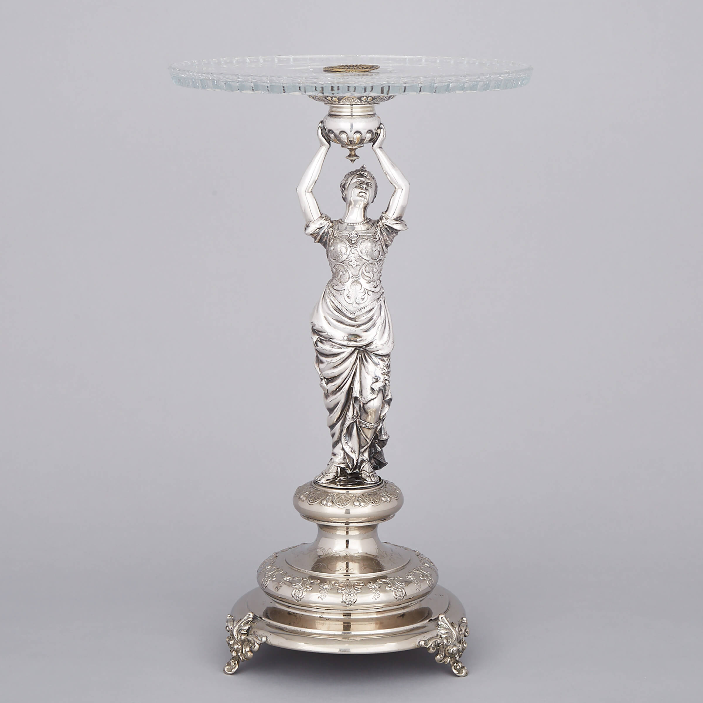 Continental Silver Plated and Cut Glass Figural Centrepiece, late 19th century