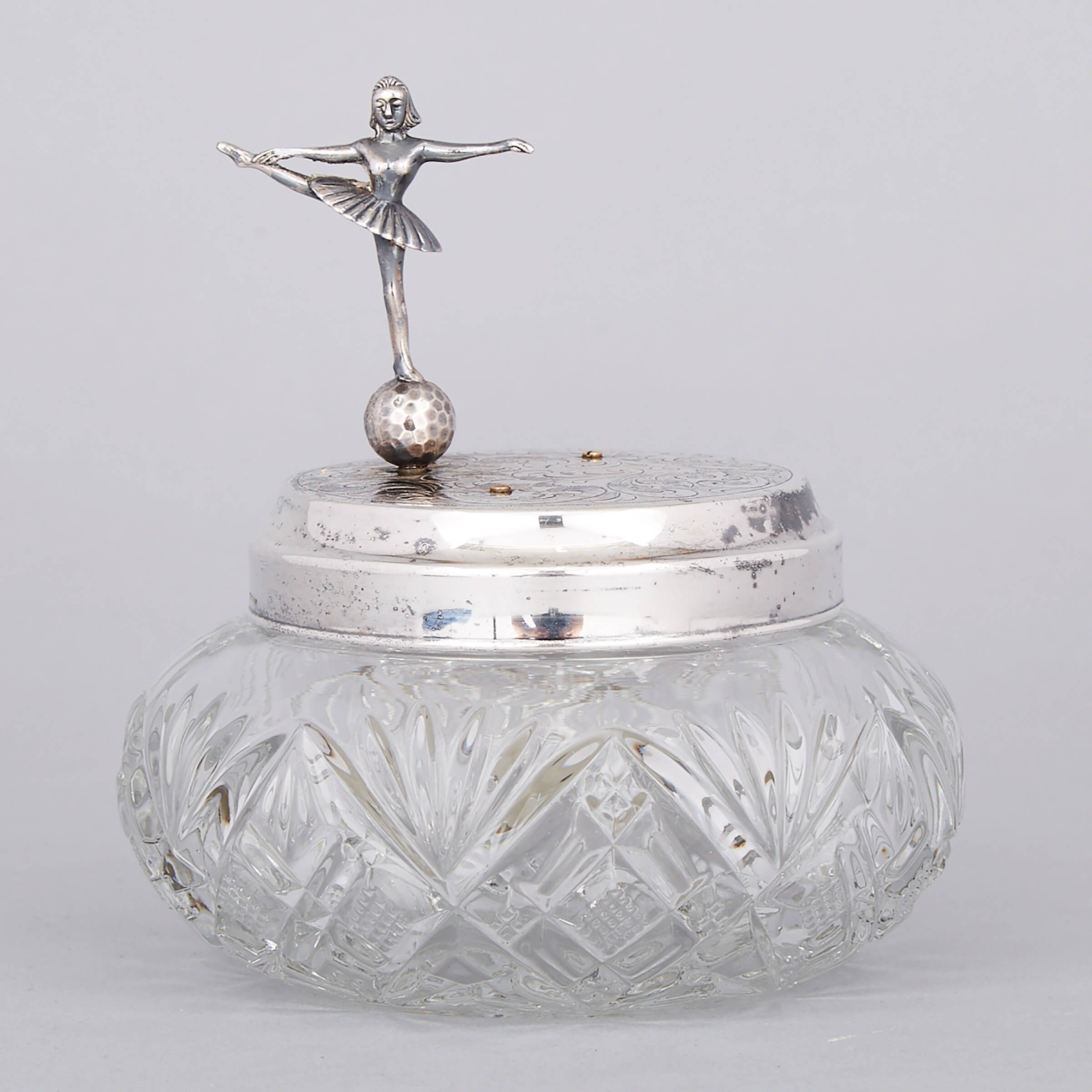 German Silver Plate and Cut Glass Musical Dressing Table Jar, mid-20th century