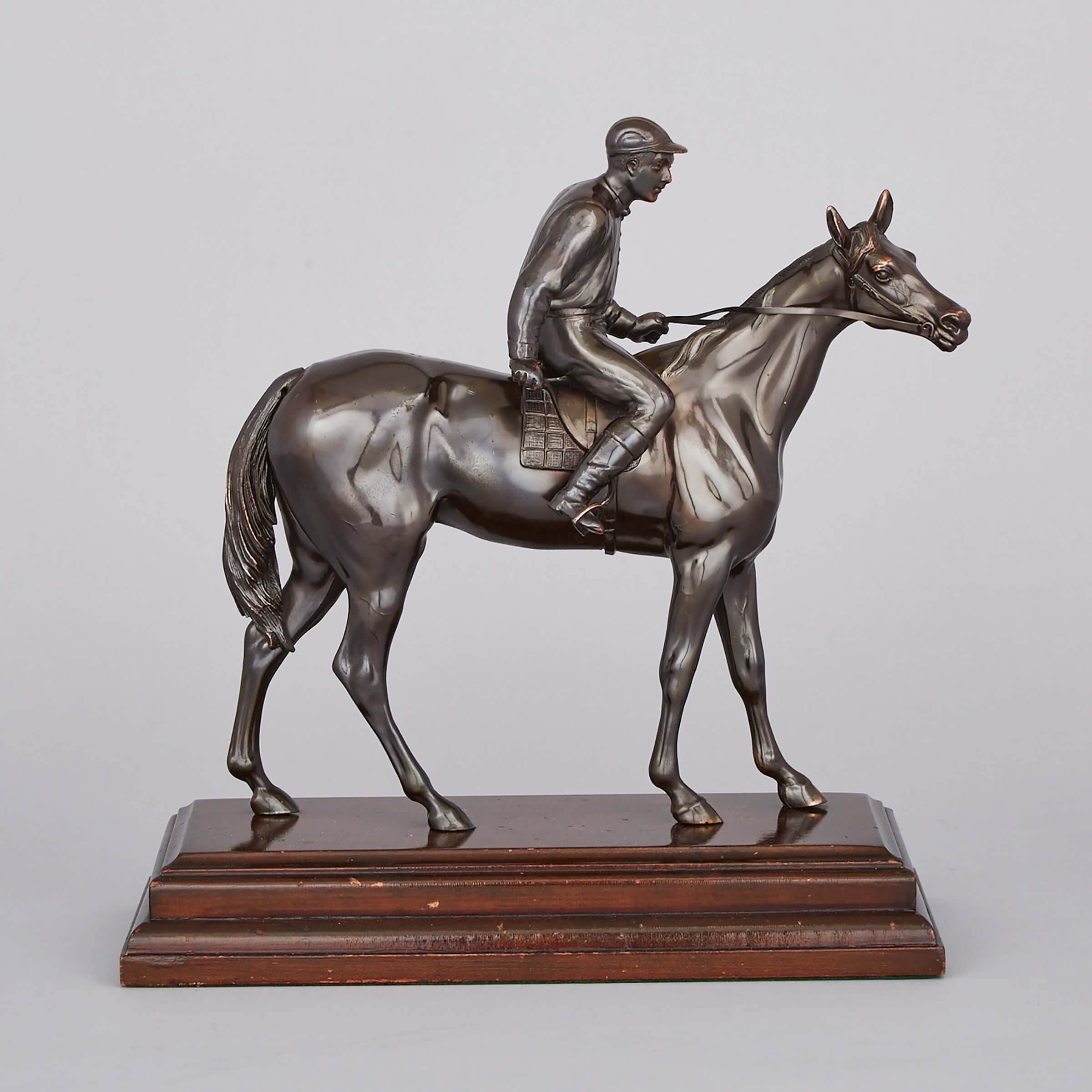 Patinated Bronze Equestrian Group of a Jockey and His Mount, mid 20th century