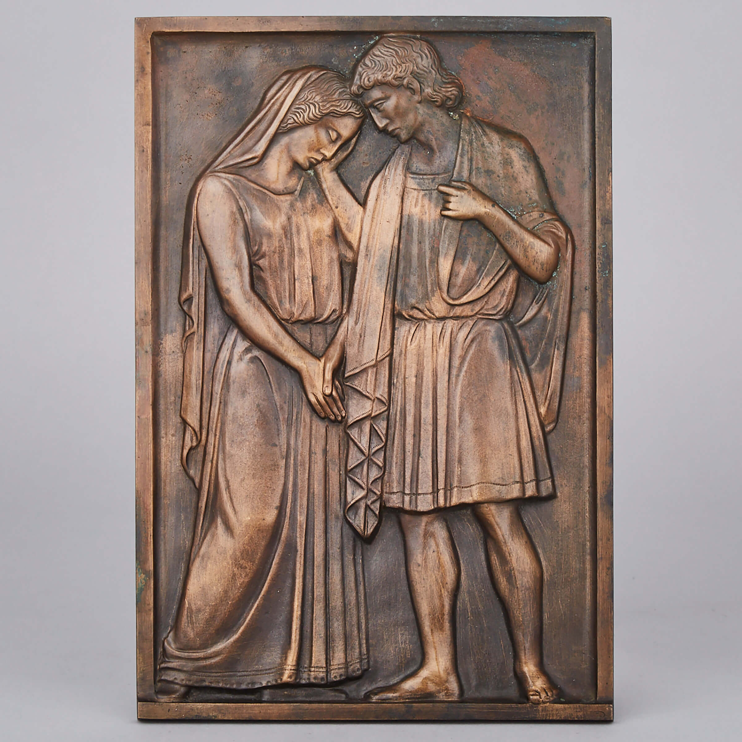 French School Bronze Relief Monument Plaque of a Young Greek Mythological Couple, early 20th century