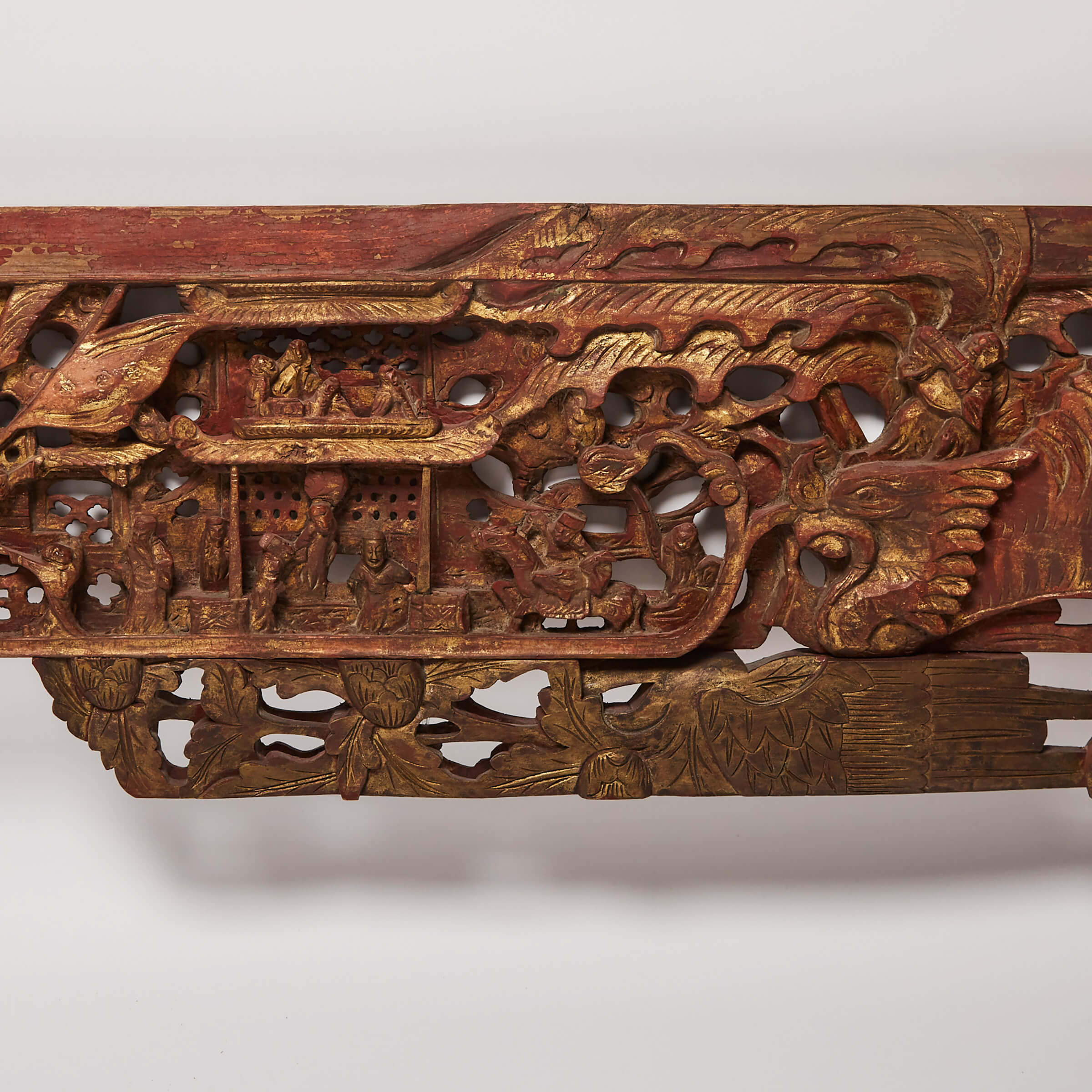 Large Chinese Carved, Painted and Parcel Gilt Temple Transom, early 20th century