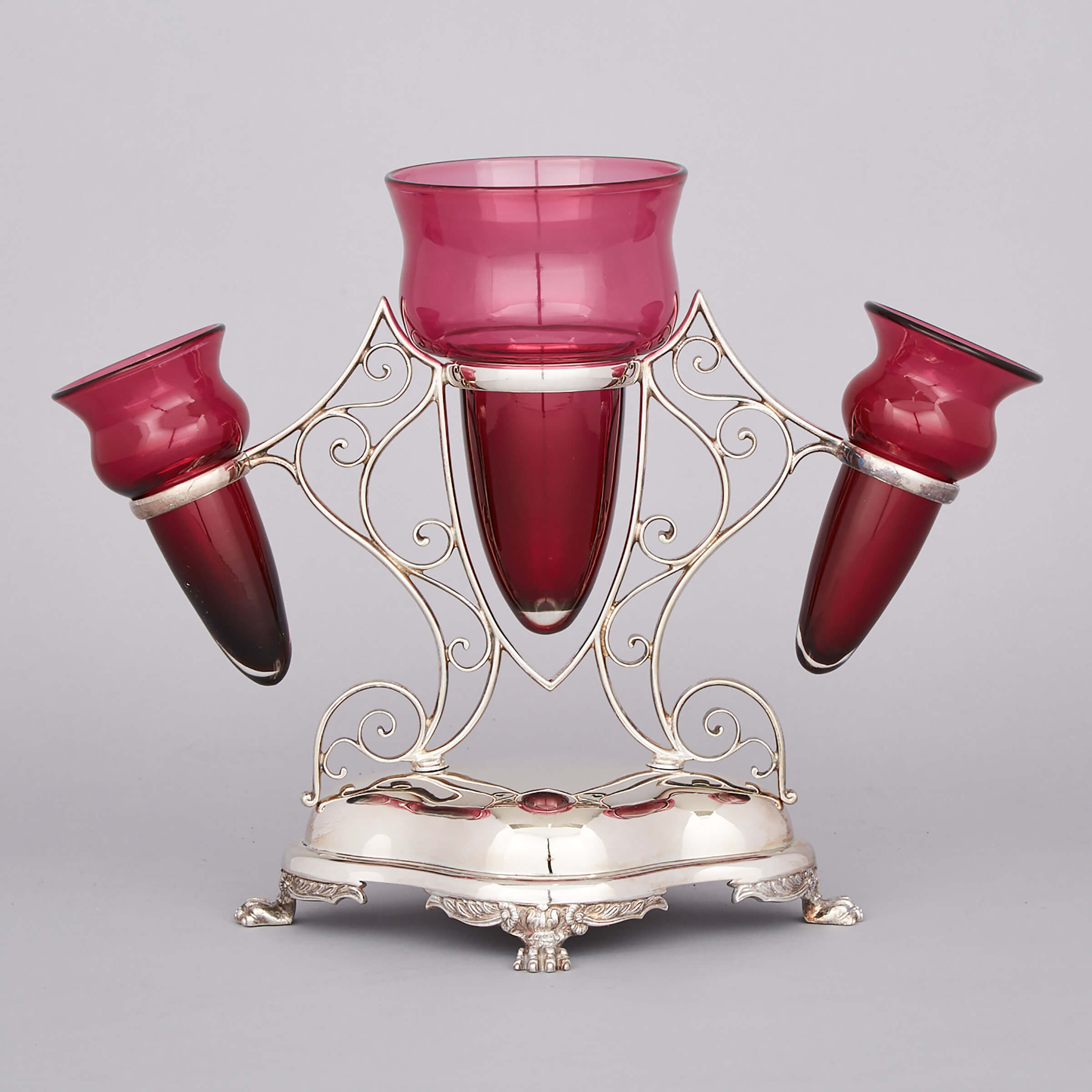 Victorian Silver Plate and Red Glass Epergne, Walker & Hall, late 19th century