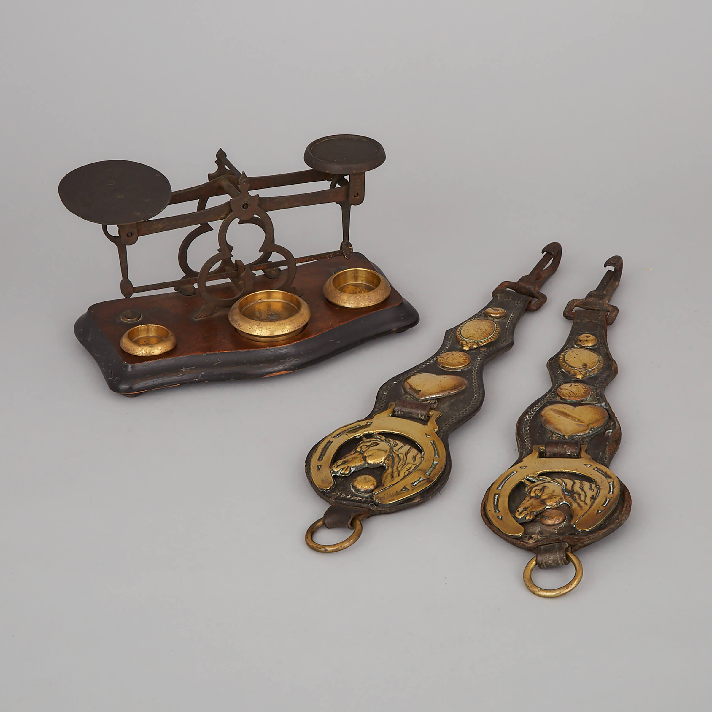Pair of Horse Brass Mounted Leather Straps and a Postal Scale, 19th century