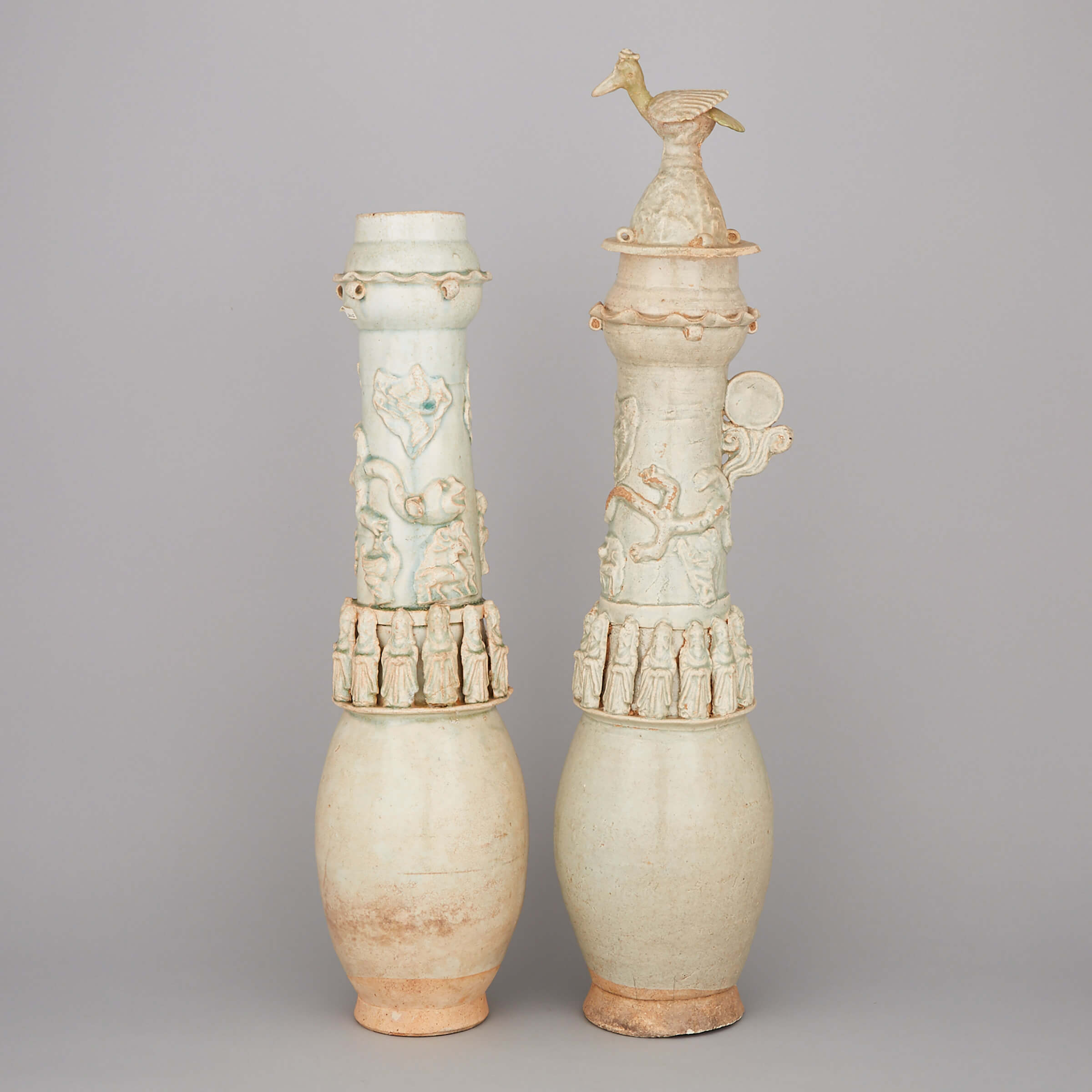 A Pair of Tall Chinese Yingqing Glazed Granary Jars, Song Dynasty 