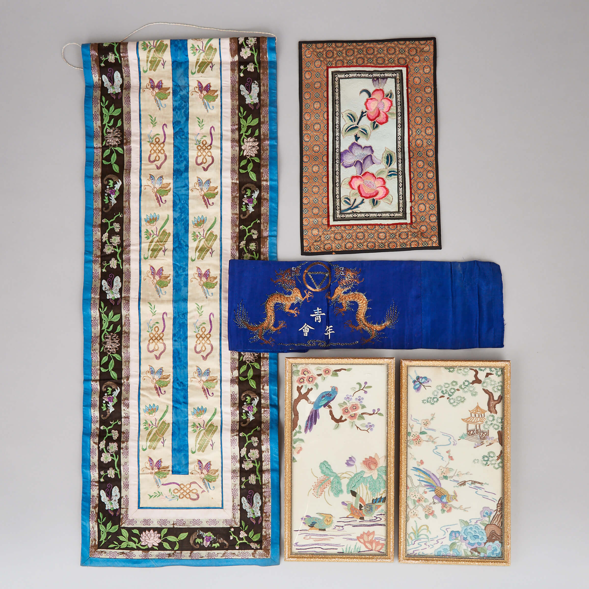 A Group of Five Chinese Embroideries, 19th/20th Century