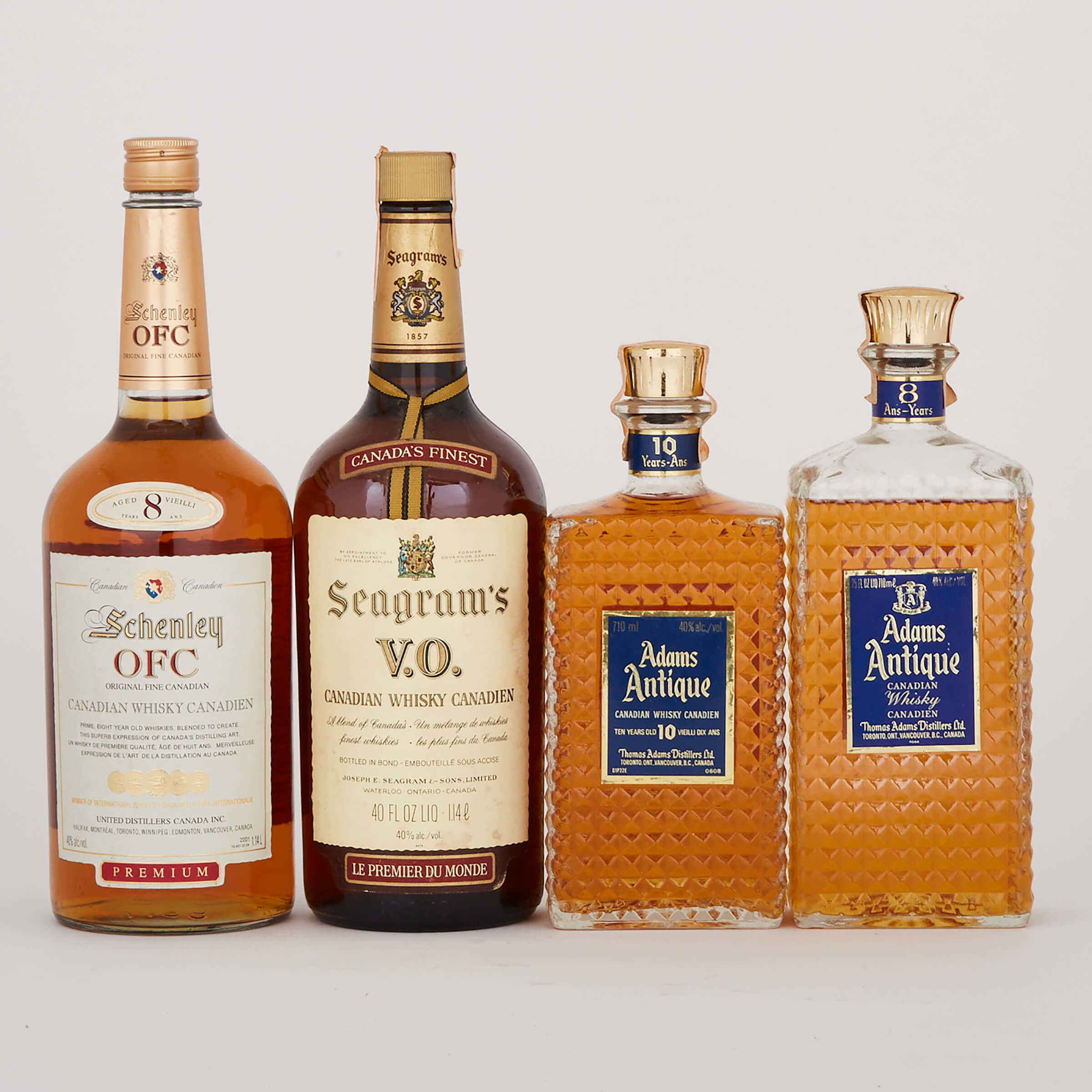 ADAMS ANTIQUE CANADIAN WHISKY 10 YEARS (ONE 710 ML)
ADAMS ANTIQUE CANADIAN WHISKY 8 YEARS (ONE 710 ML)
SCHENLEY CANADIAN WHISKY OFC 8 YEARS (ONE 1.14 L)
SEAGRAM'S V.O BLENDED CANADIAN WHISKY 6 YEARS (ONE 40 OZ.)