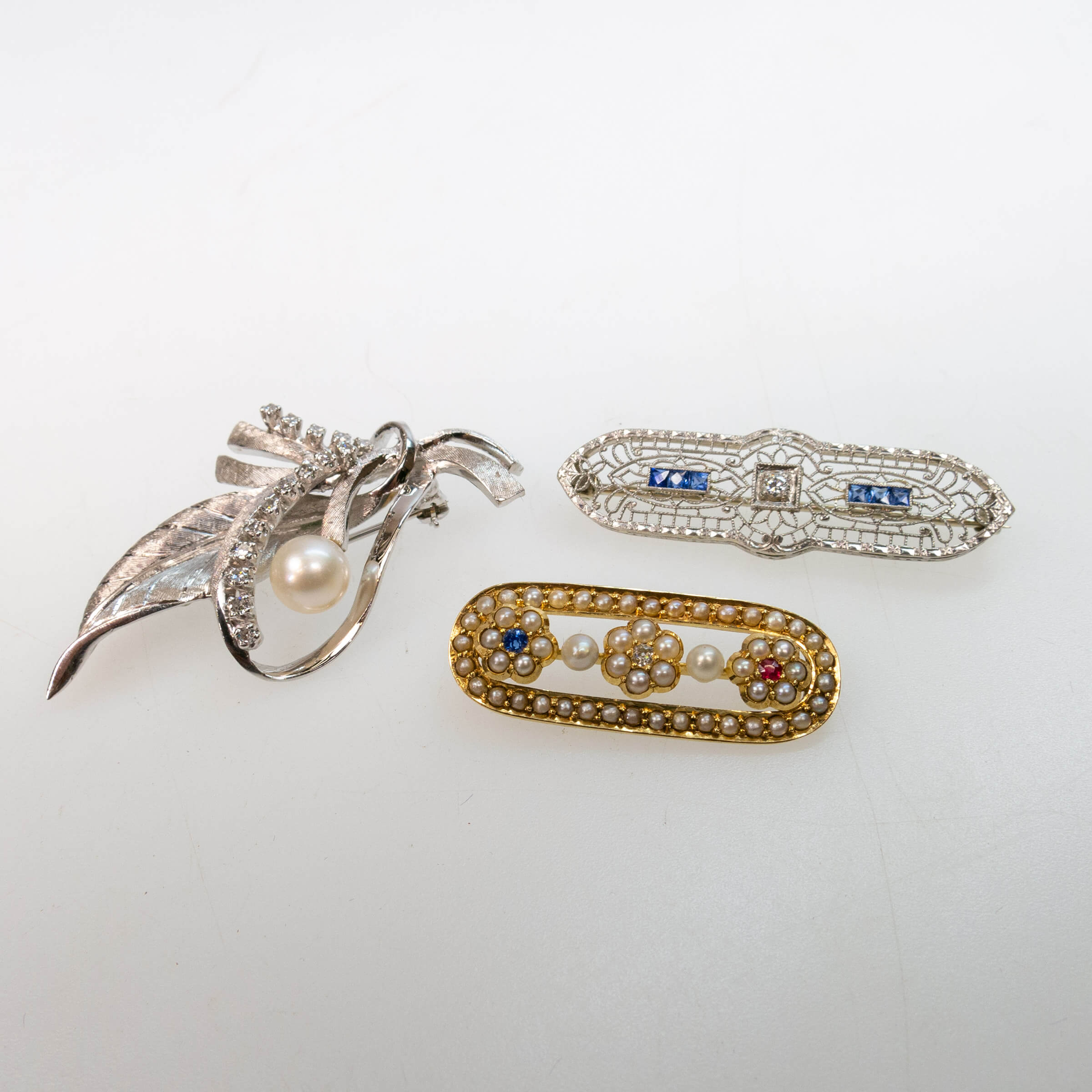 3 x 14k Yellow And White Gold Brooches