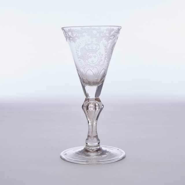 Continental Engraved Armorial Glass Goblet, probably Bohemian, c.1728