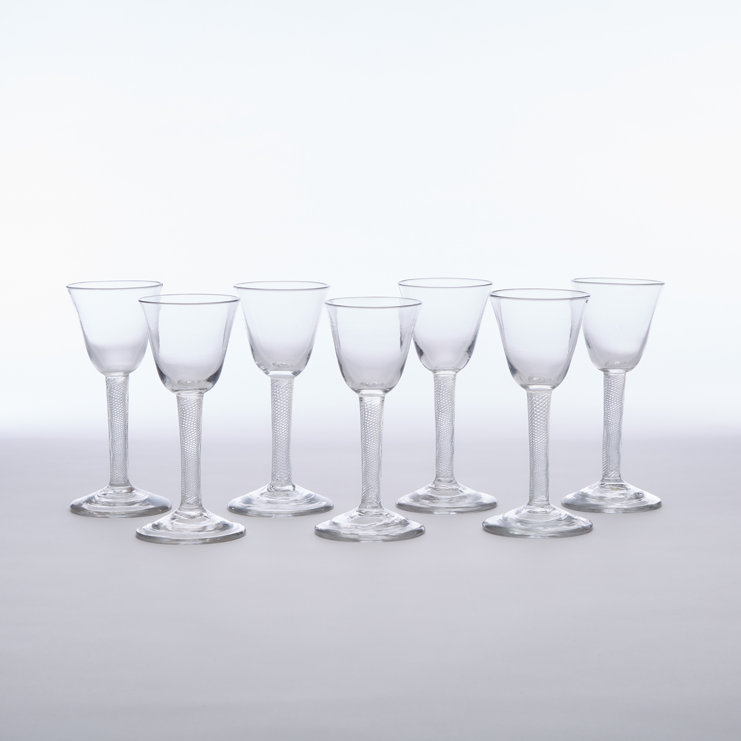 Set of Seven English Air Twist Stemmed Large Wine Glasses, mid-18th century