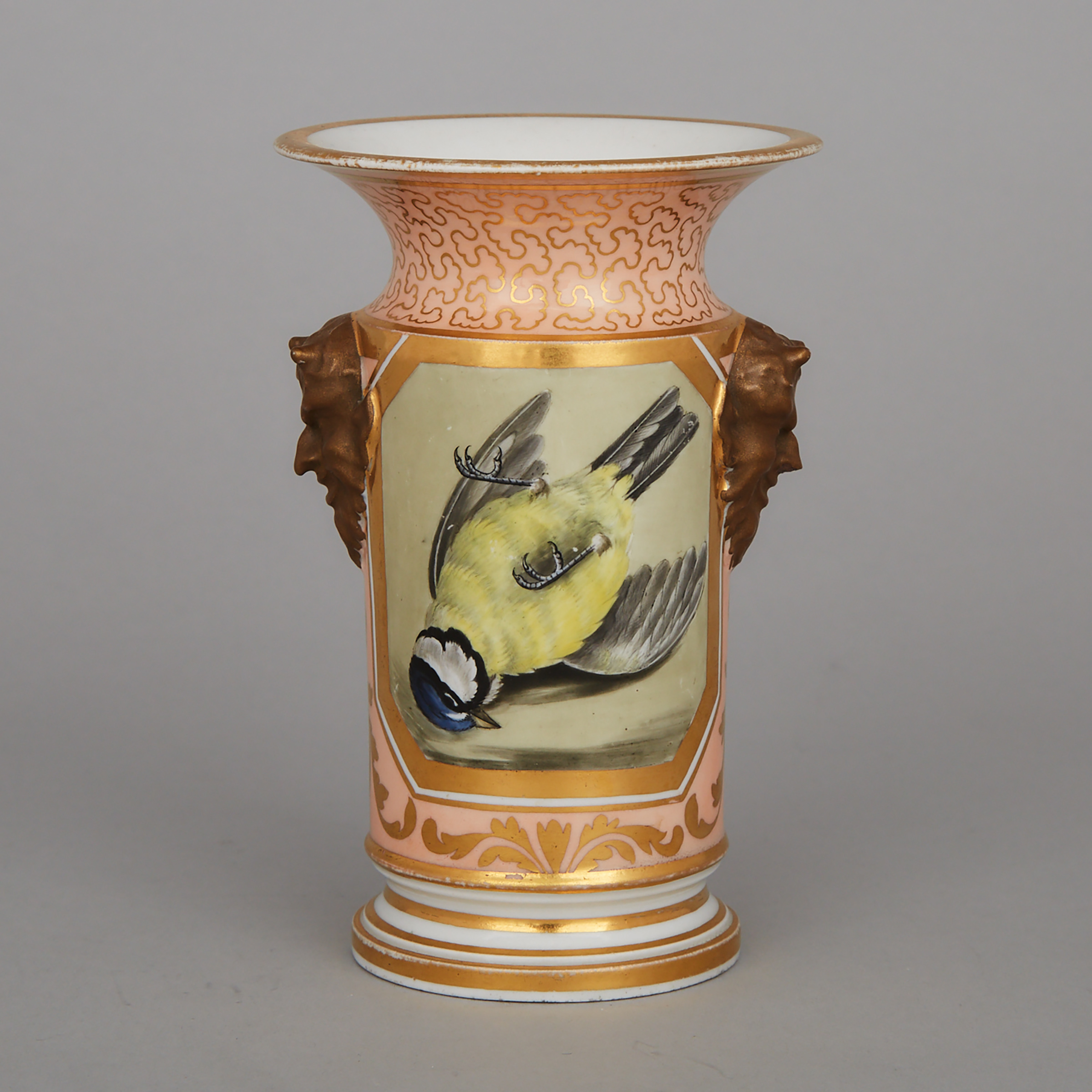 Flight & Barr Worcester Pink and Gilt Ground Ornithological Spill Vase, early 19th century