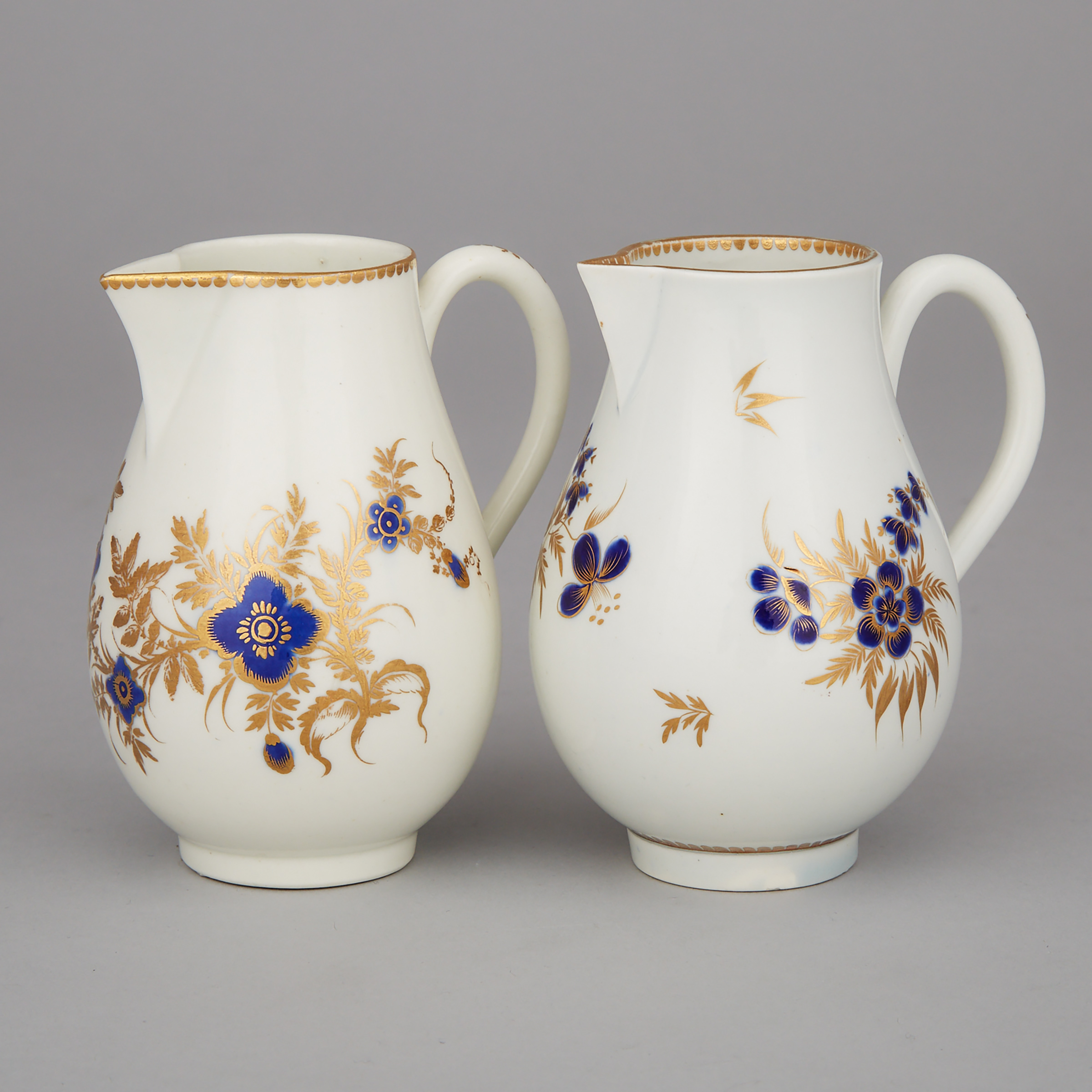 Two Worcester Blue and Gilt Sparrow Beak Cream Jugs, c.1785