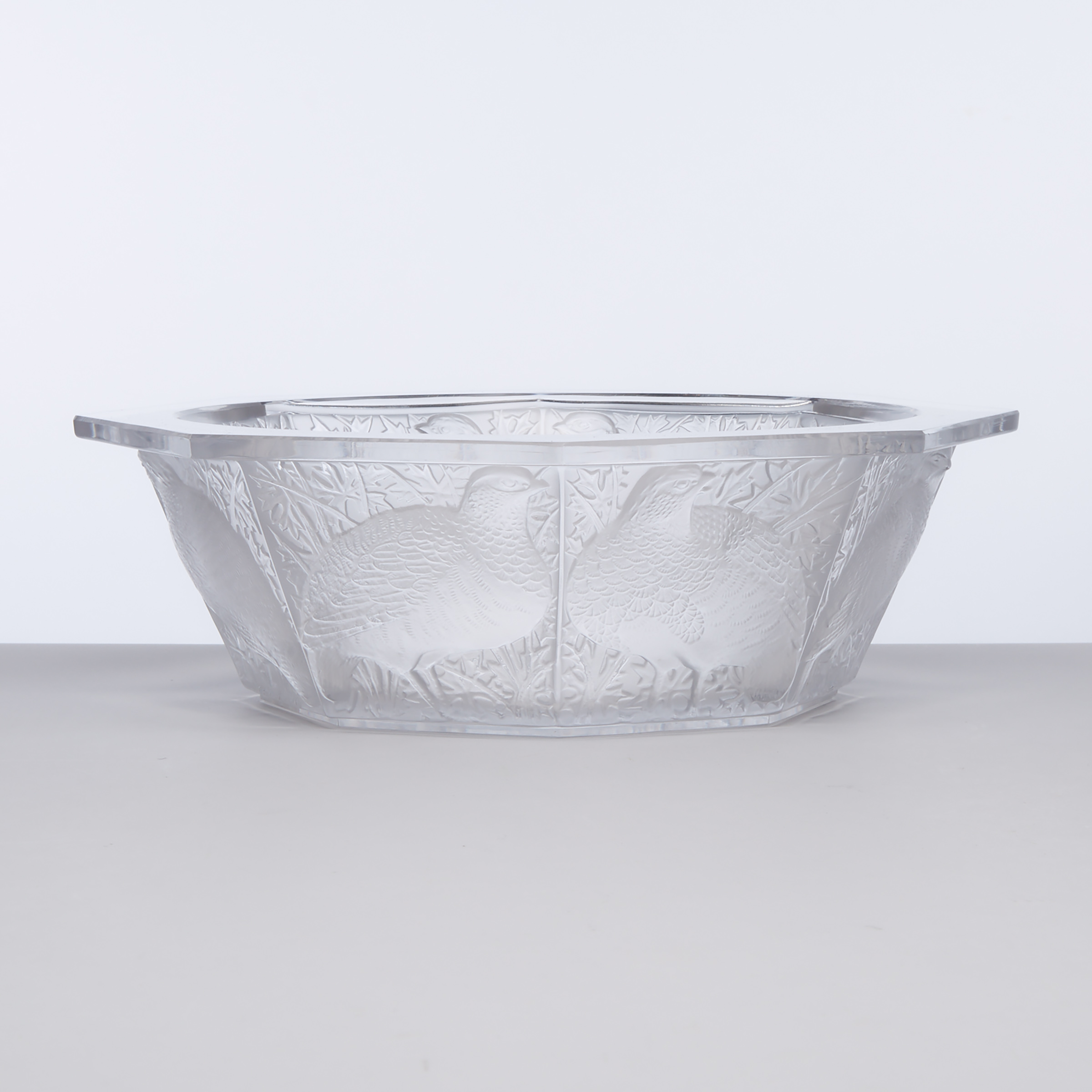 ‘Caille’, Lalique Frosted Octagonal Glass Bowl, post-1945