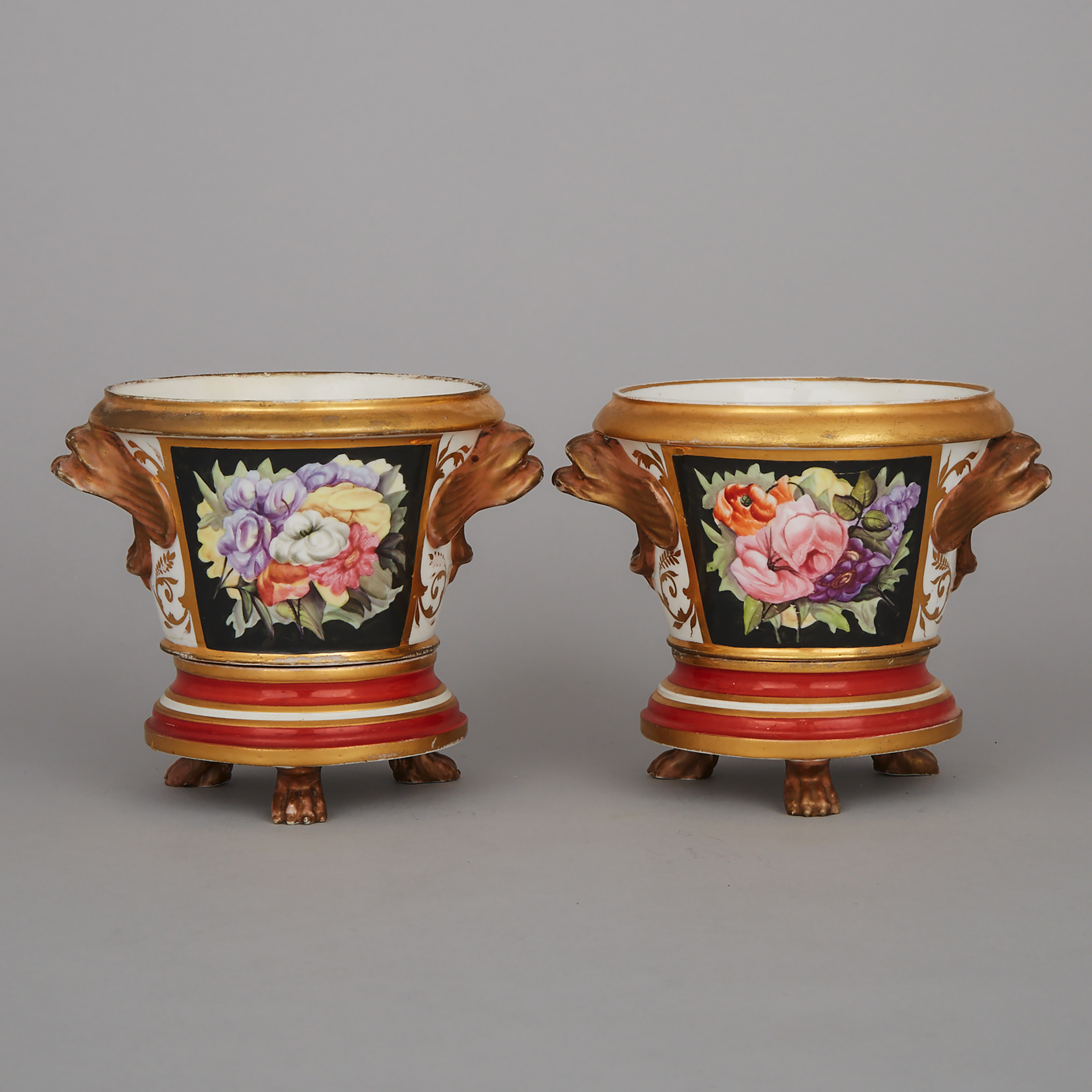 Pair of English Porcelain Cachepots and Stands, early 19th century