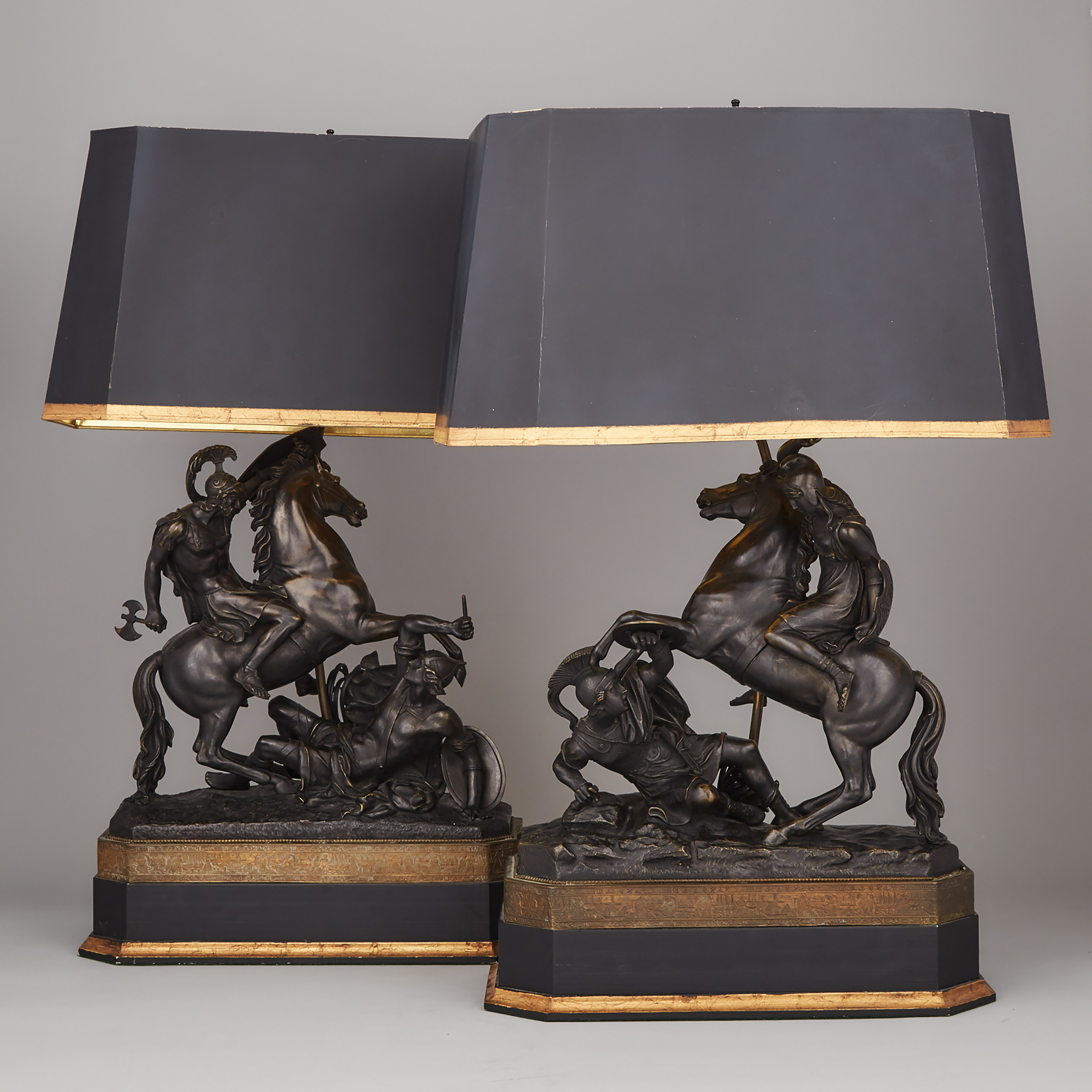 Pair of French Patinated Bronze Norman/Roman Equestrian Warrior Groups, 19th/20th century