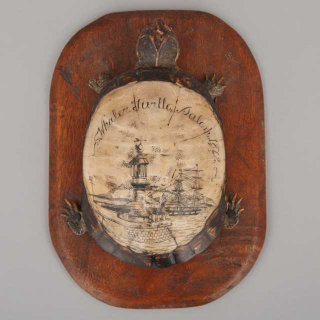 Taxidermied Turtle with Scrimshawed Shell Depicting a Harbour Lighthouse, Titled 'Whaler Turtle, Salem, 1862'