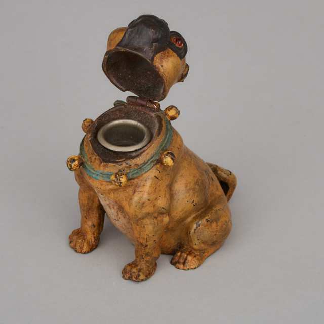 Austrian Cold Painted Bronze Pug Form Inkwell, 19th century