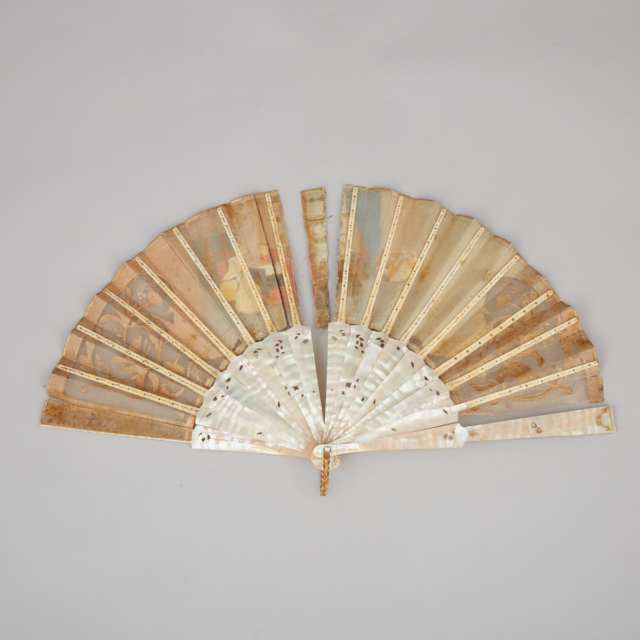 French Pierce Carved and Parcel Gilt Abalone and Painted Silk Fan, mid 18th century