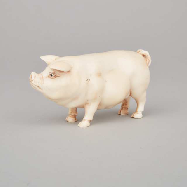 Japanese Meiji Period Carved Ivory Okimono Model of a Hermaphrodite Pig, c.1900